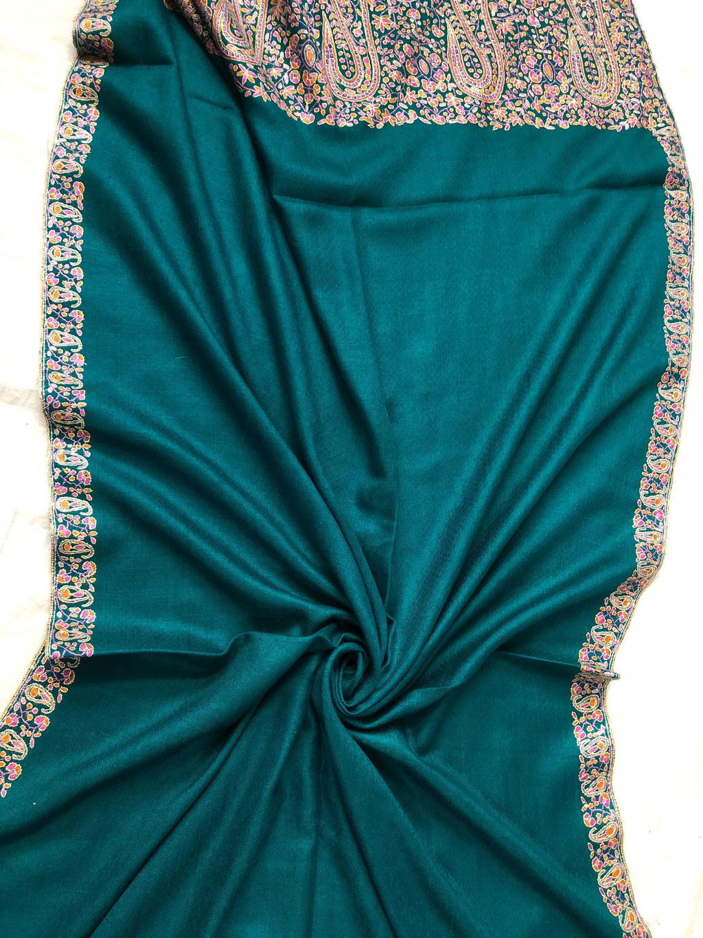 Deep teal blue artisanal Sozni micro fine hand embroidered palla authentic cashmere pashmina stole shawl - Mehraj Crafts 