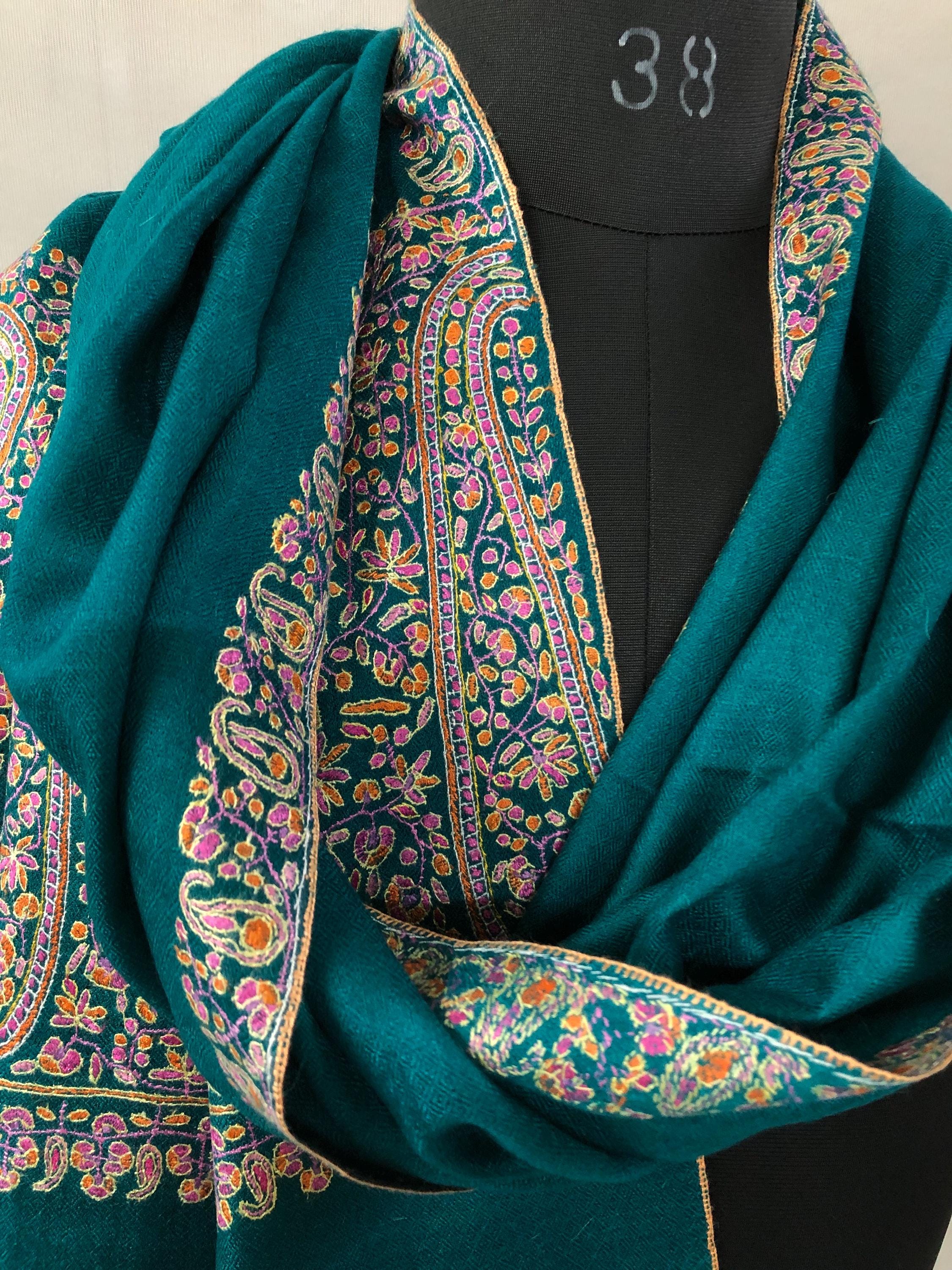 Deep teal blue artisanal Sozni micro fine hand embroidered palla authentic cashmere pashmina stole shawl - Mehraj Crafts 