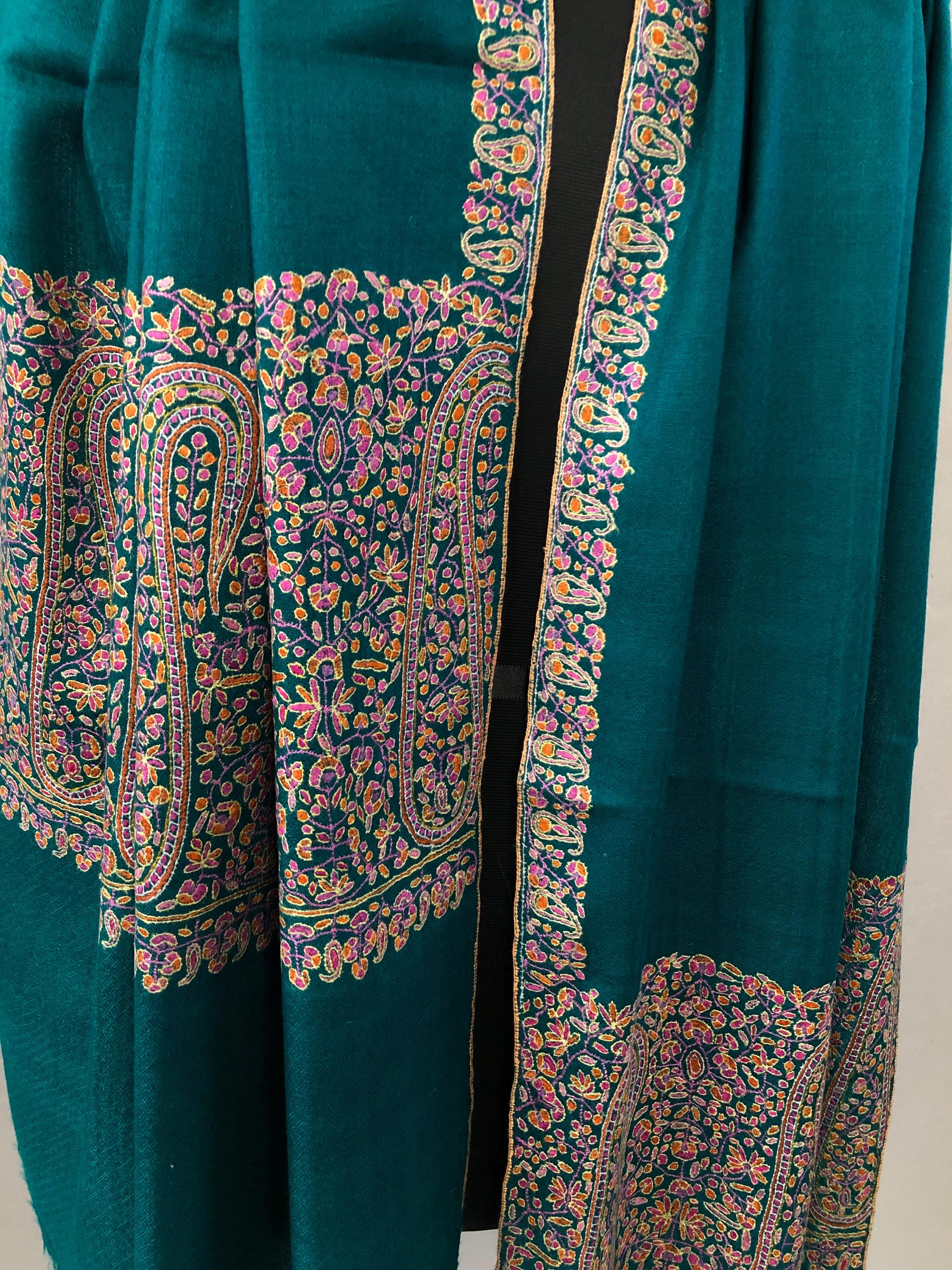 Deep teal blue artisanal Sozni micro fine hand embroidered palla authentic cashmere pashmina stole shawl - Mehraj Crafts 