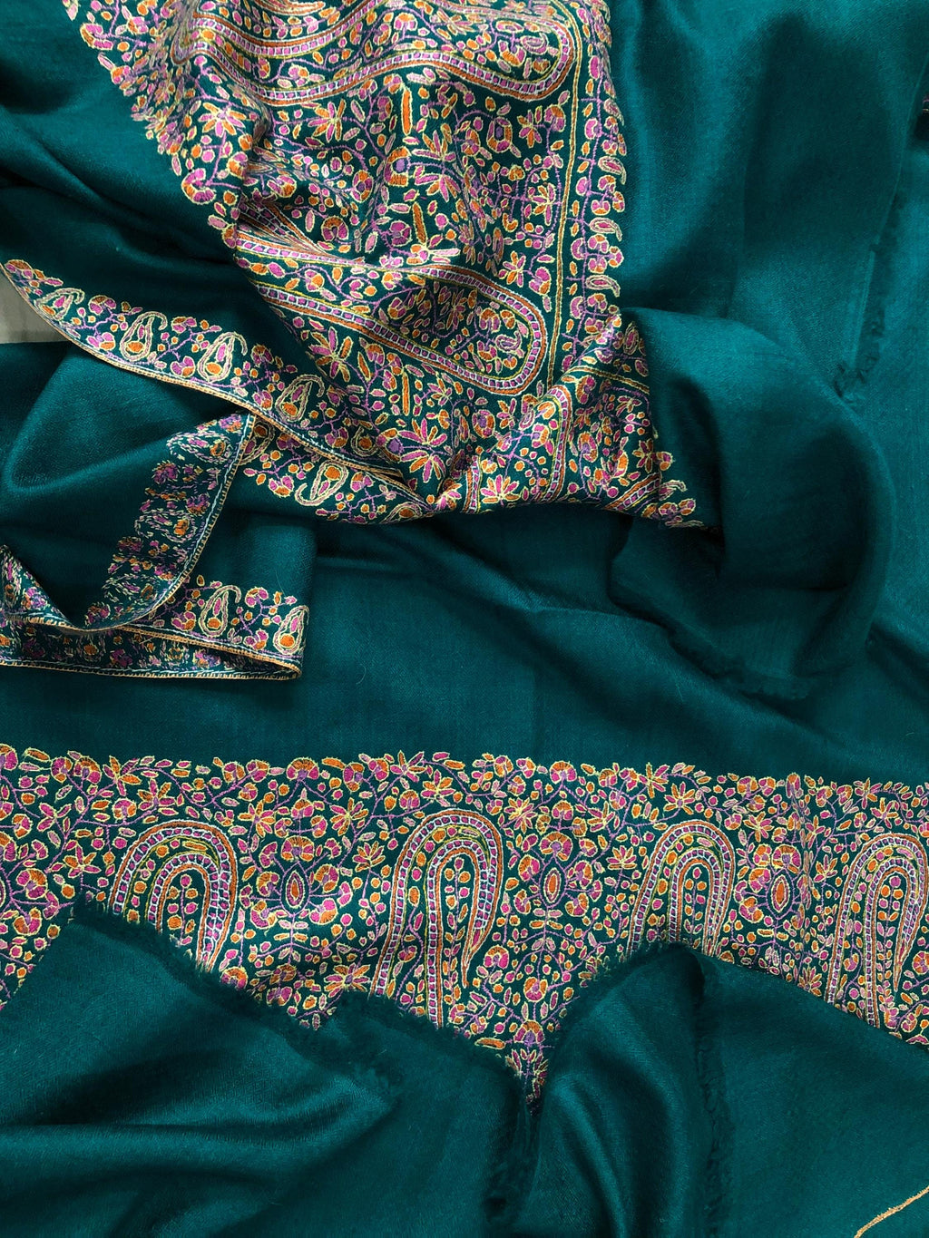 Deep teal blue artisanal Sozni micro fine hand embroidered palla authentic cashmere pashmina stole shawl - Mehraj Crafts 