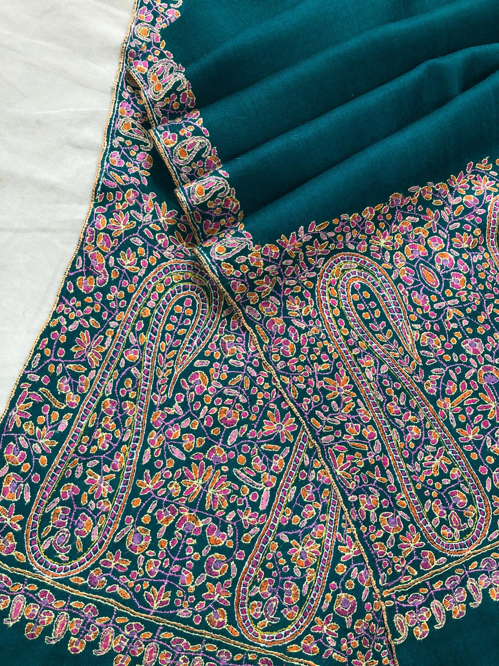 Deep teal blue artisanal Sozni micro fine hand embroidered palla authentic cashmere pashmina stole shawl - Mehraj Crafts 