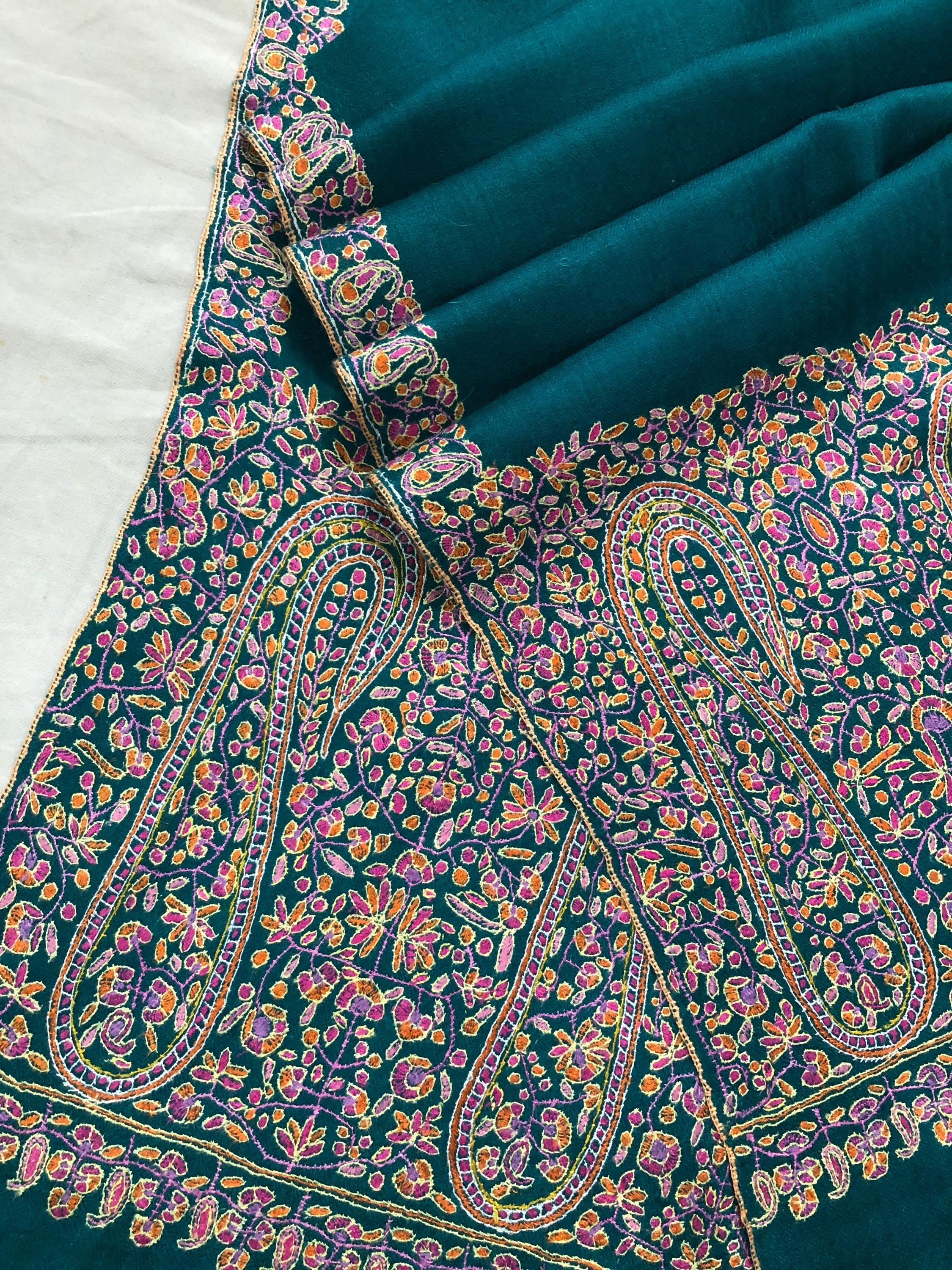 Deep teal blue artisanal Sozni micro fine hand embroidered palla authentic cashmere pashmina stole shawl - Mehraj Crafts 