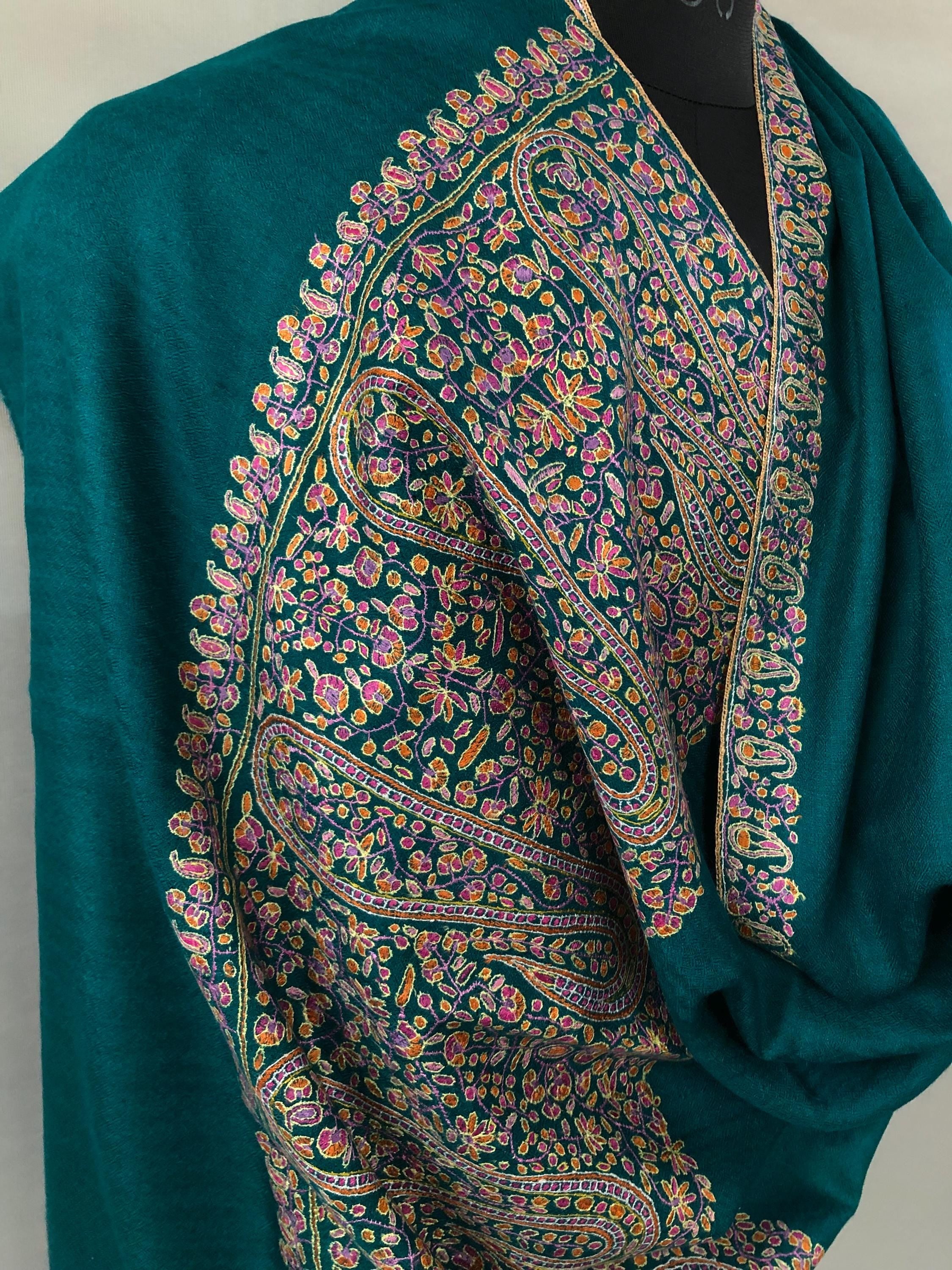 Deep teal blue artisanal Sozni micro fine hand embroidered palla authentic cashmere pashmina stole shawl - Mehraj Crafts 