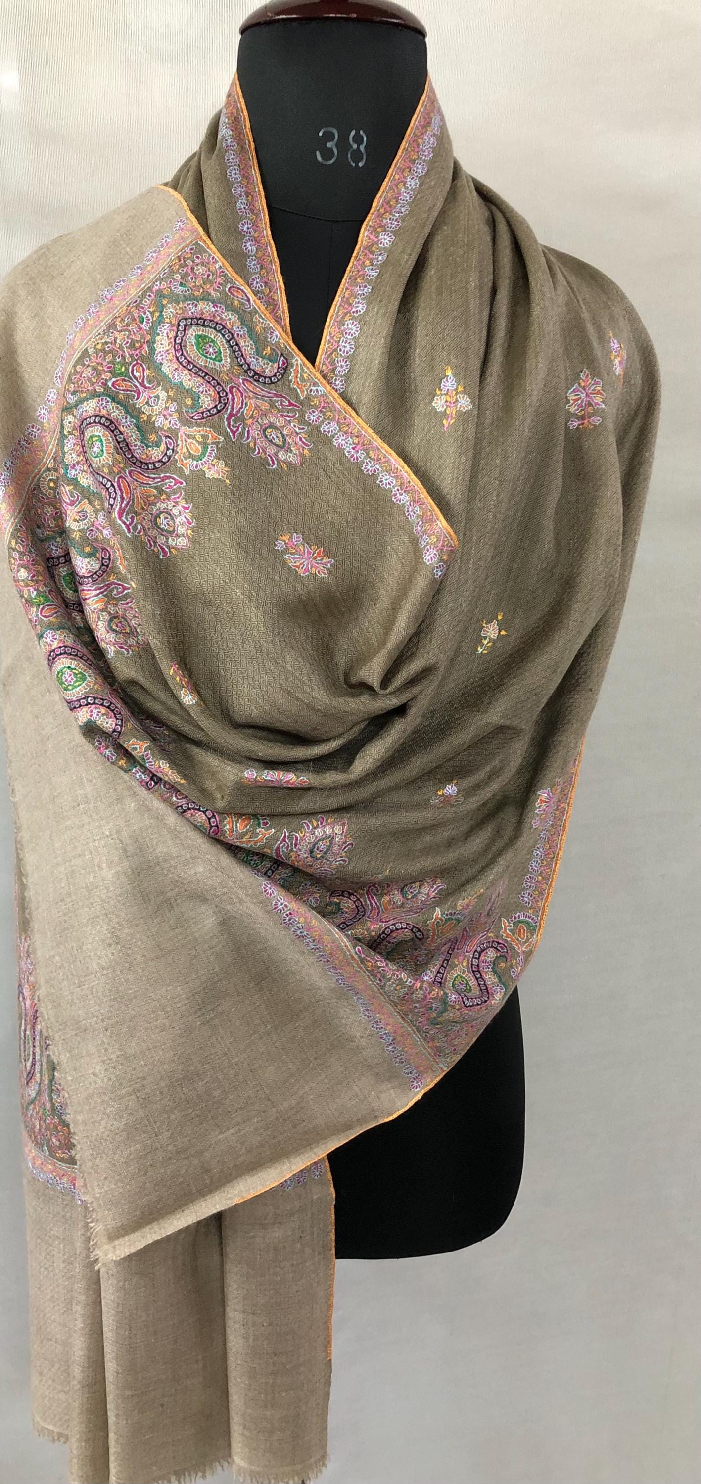 Walnut grey Sozni micro fine hand embroidered palla and booties authentic cashmere pashmina stole shawl | soft and luxurious - Mehraj Crafts 
