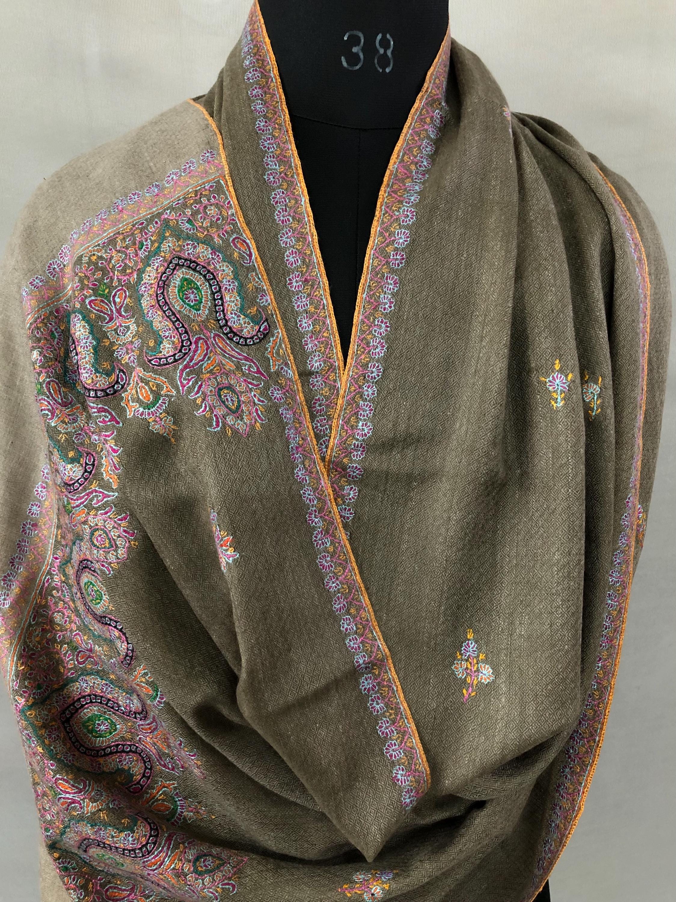Walnut grey Sozni micro fine hand embroidered palla and booties authentic cashmere pashmina stole shawl | soft and luxurious - Mehraj Crafts 