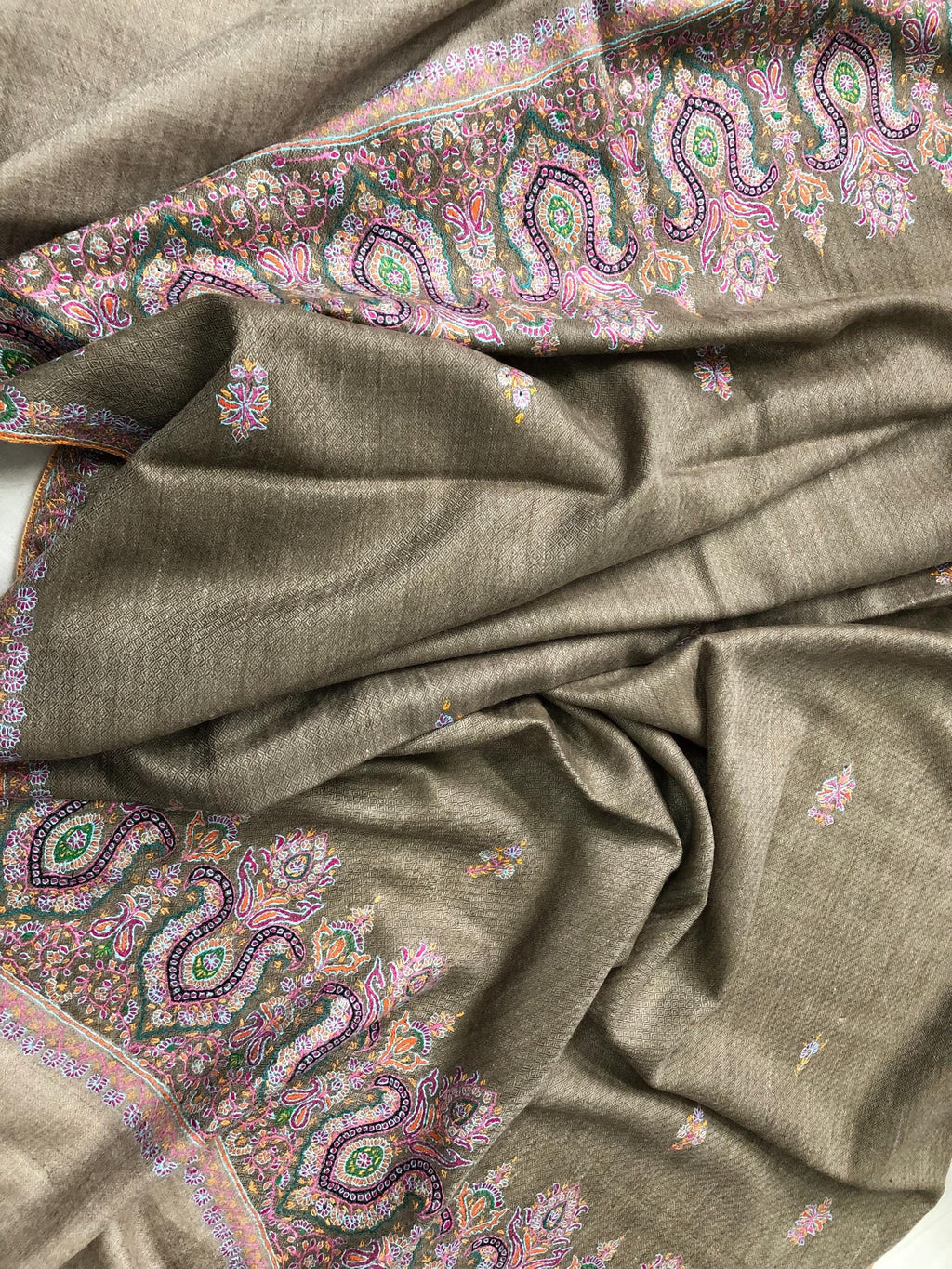 Walnut grey Sozni micro fine hand embroidered palla and booties authentic cashmere pashmina stole shawl | soft and luxurious - Mehraj Crafts 