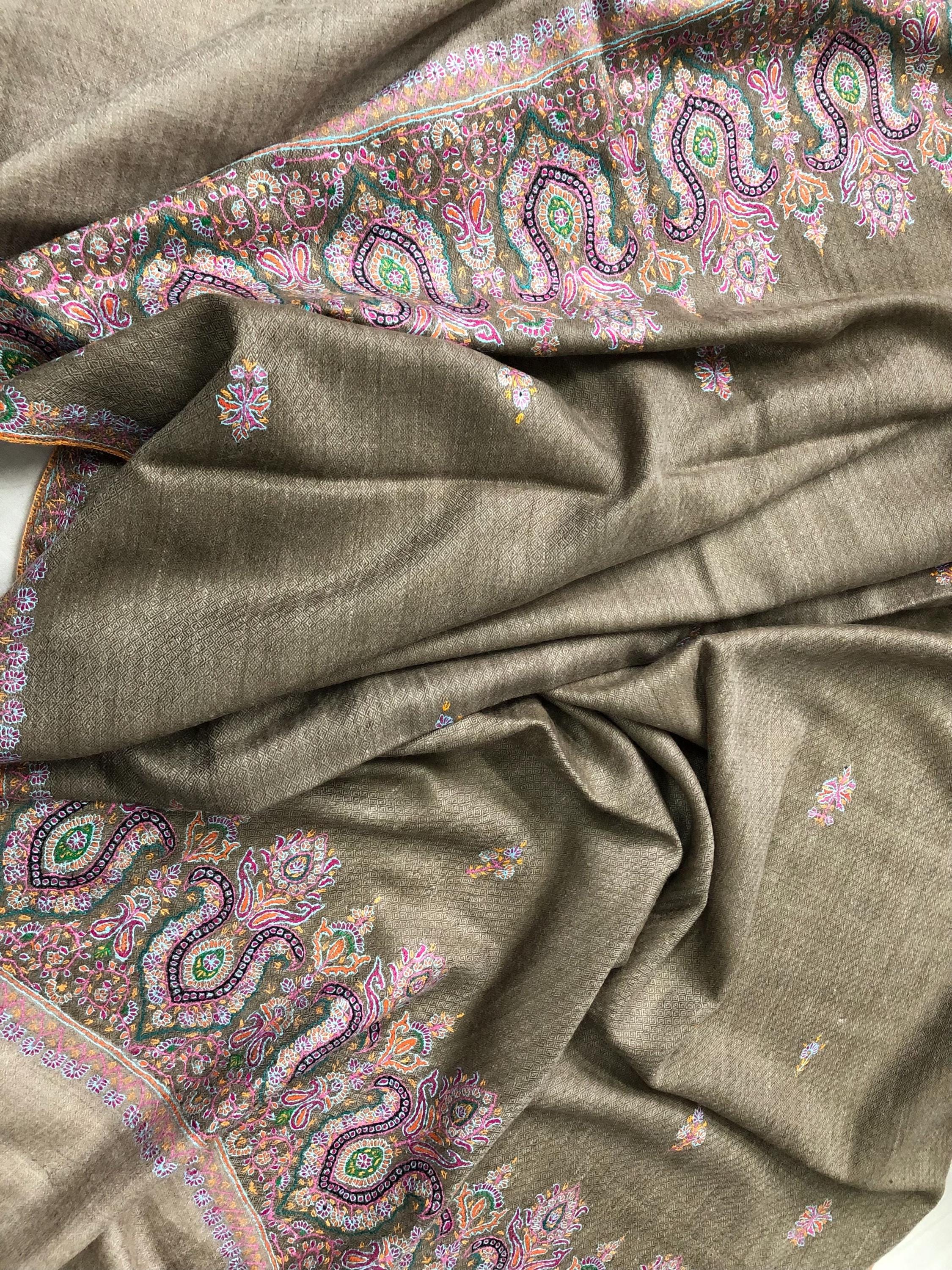 Walnut grey Sozni micro fine hand embroidered palla and booties authentic cashmere pashmina stole shawl | soft and luxurious - Mehraj Crafts 
