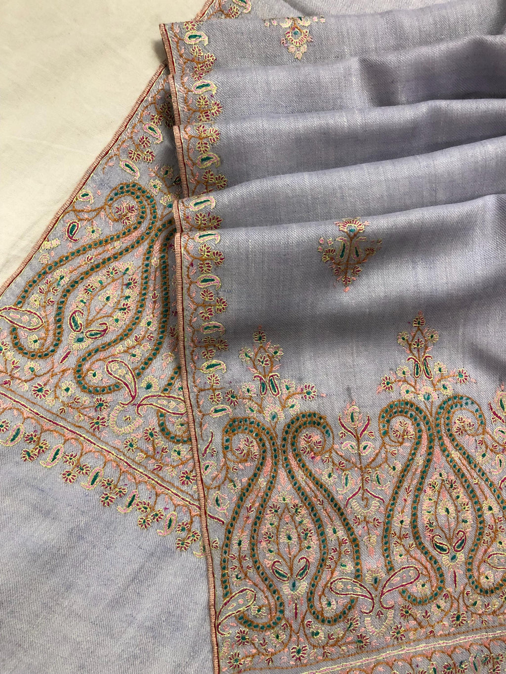 Halogen blue artisanal Sozni micro fine hand embroidered palla pure organic cashmere pashmina stole shawl - Mehraj Crafts 