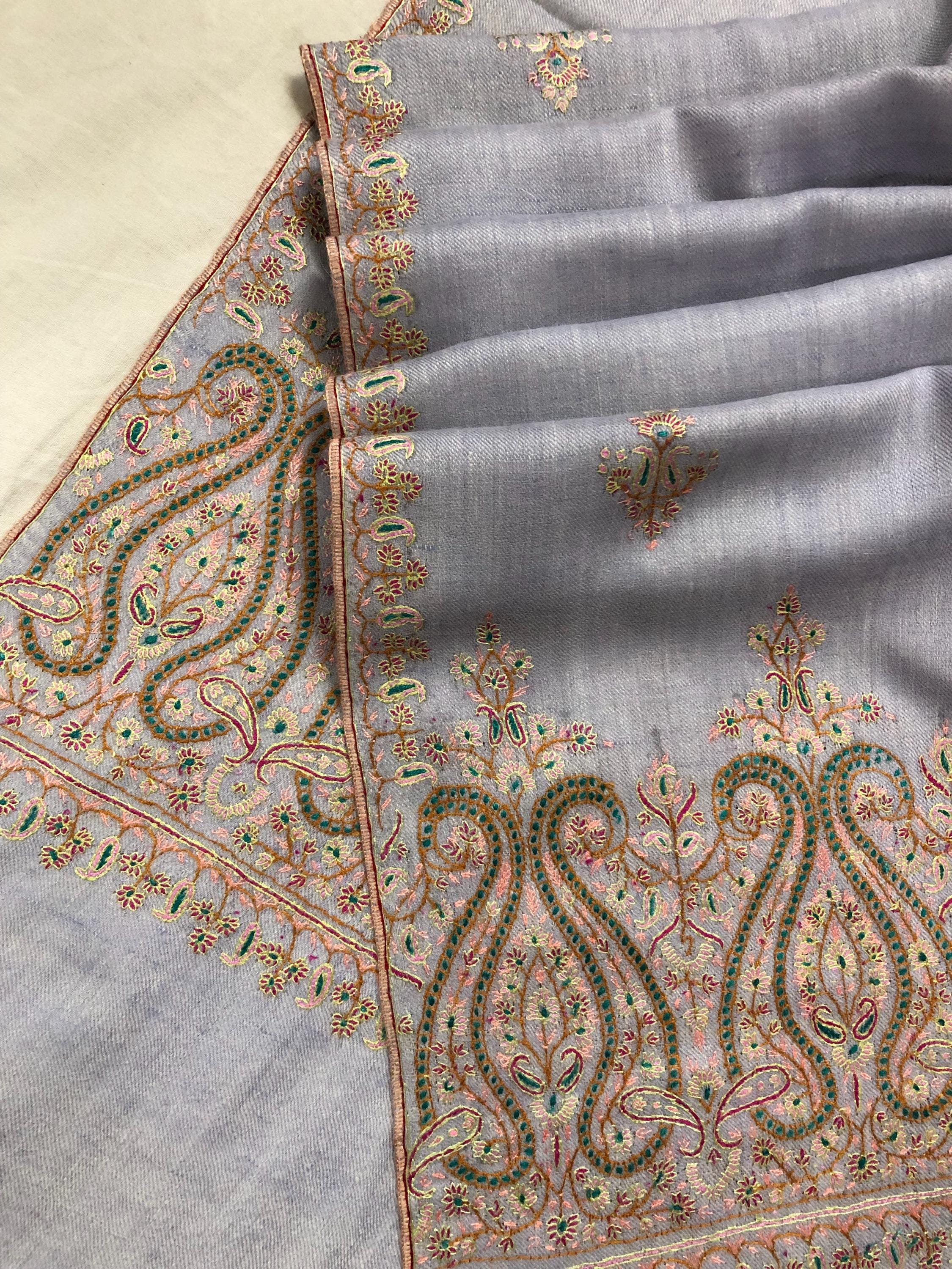 Halogen blue artisanal Sozni micro fine hand embroidered palla pure organic cashmere pashmina stole shawl - Mehraj Crafts 