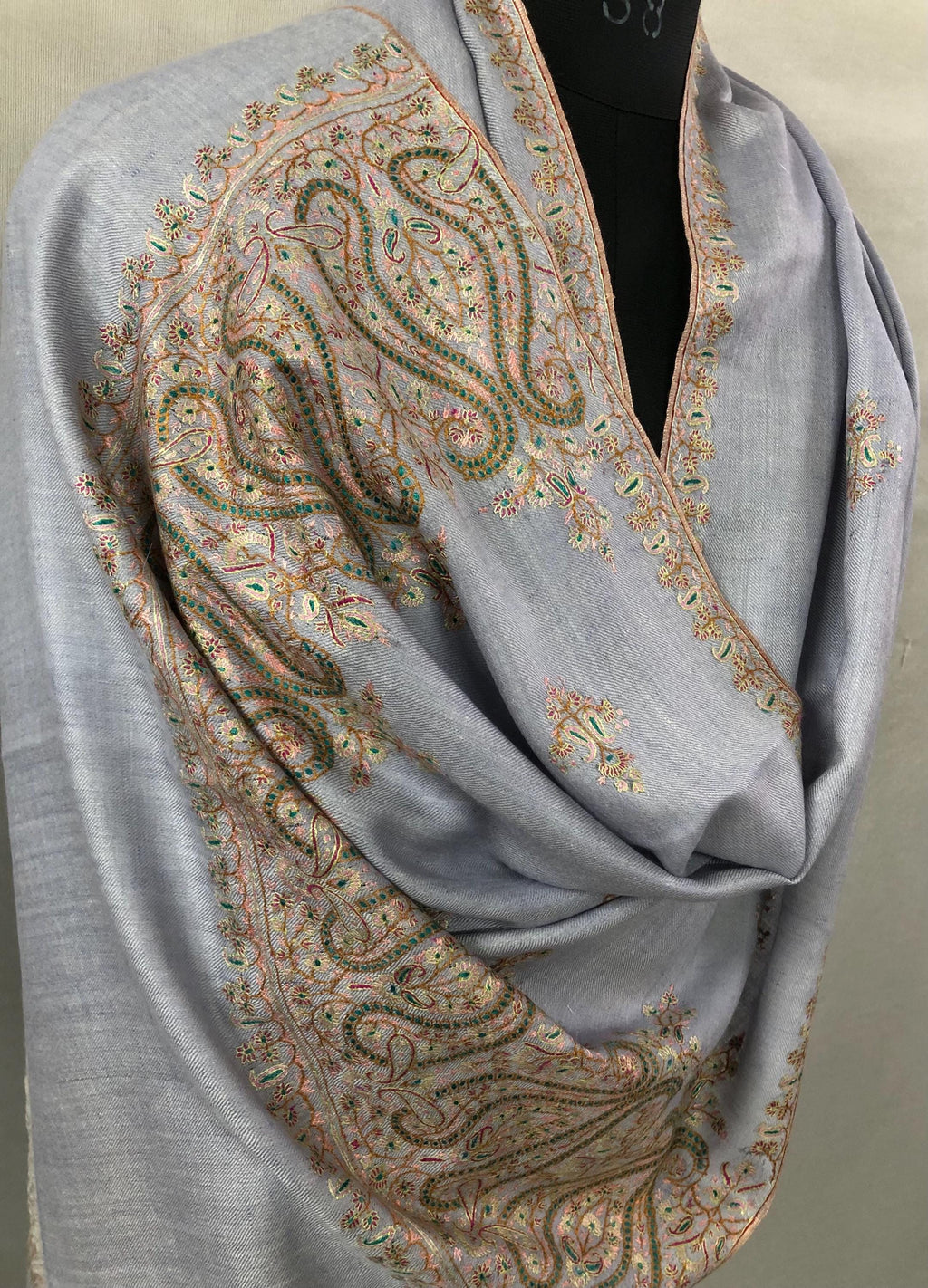 Halogen blue artisanal Sozni micro fine hand embroidered palla pure organic cashmere pashmina stole shawl - Mehraj Crafts 