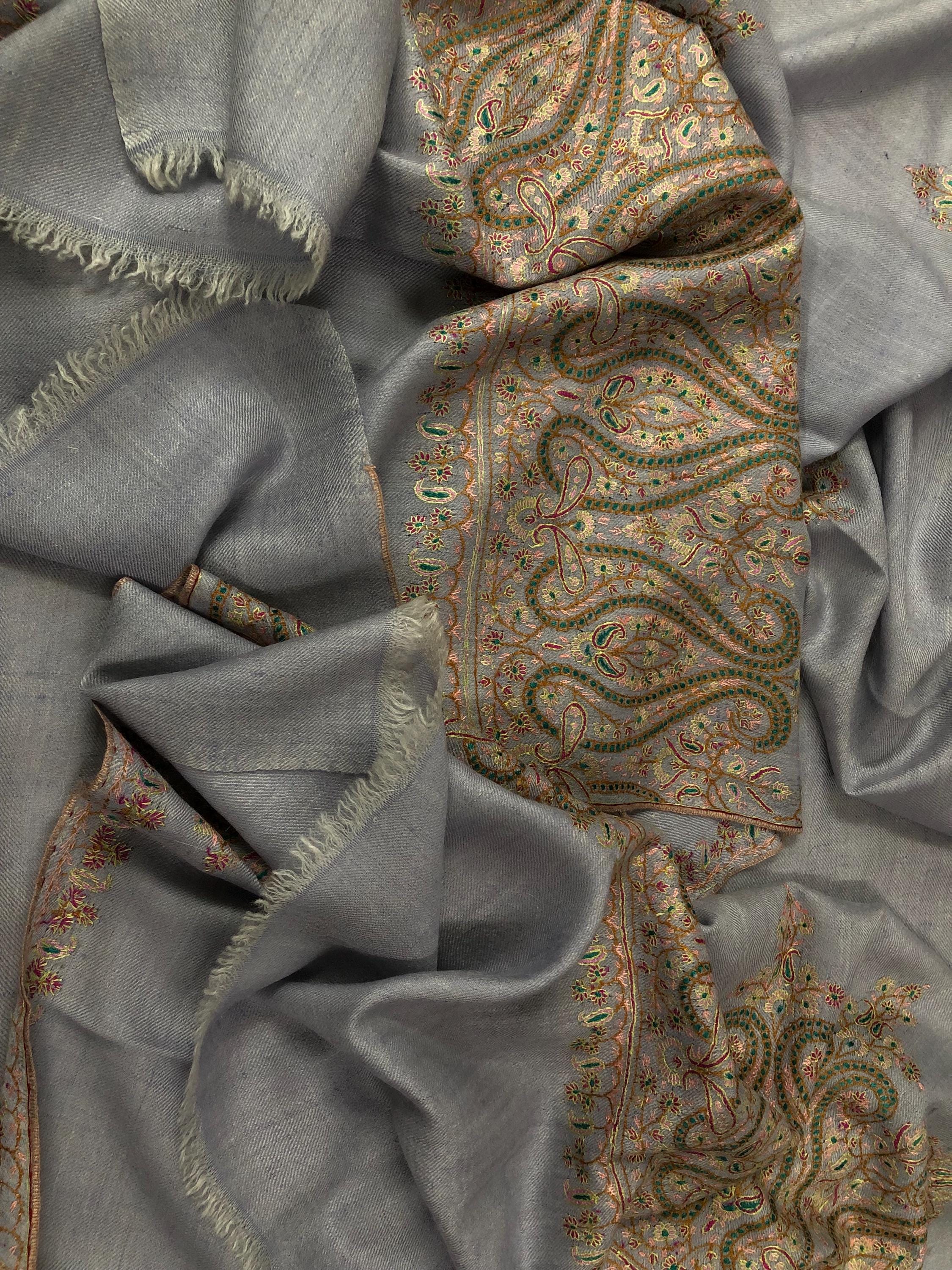 Halogen blue artisanal Sozni micro fine hand embroidered palla pure organic cashmere pashmina stole shawl - Mehraj Crafts 