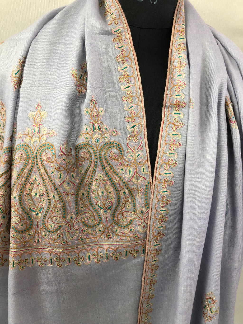 Halogen blue artisanal Sozni micro fine hand embroidered palla pure organic cashmere pashmina stole shawl - Mehraj Crafts 