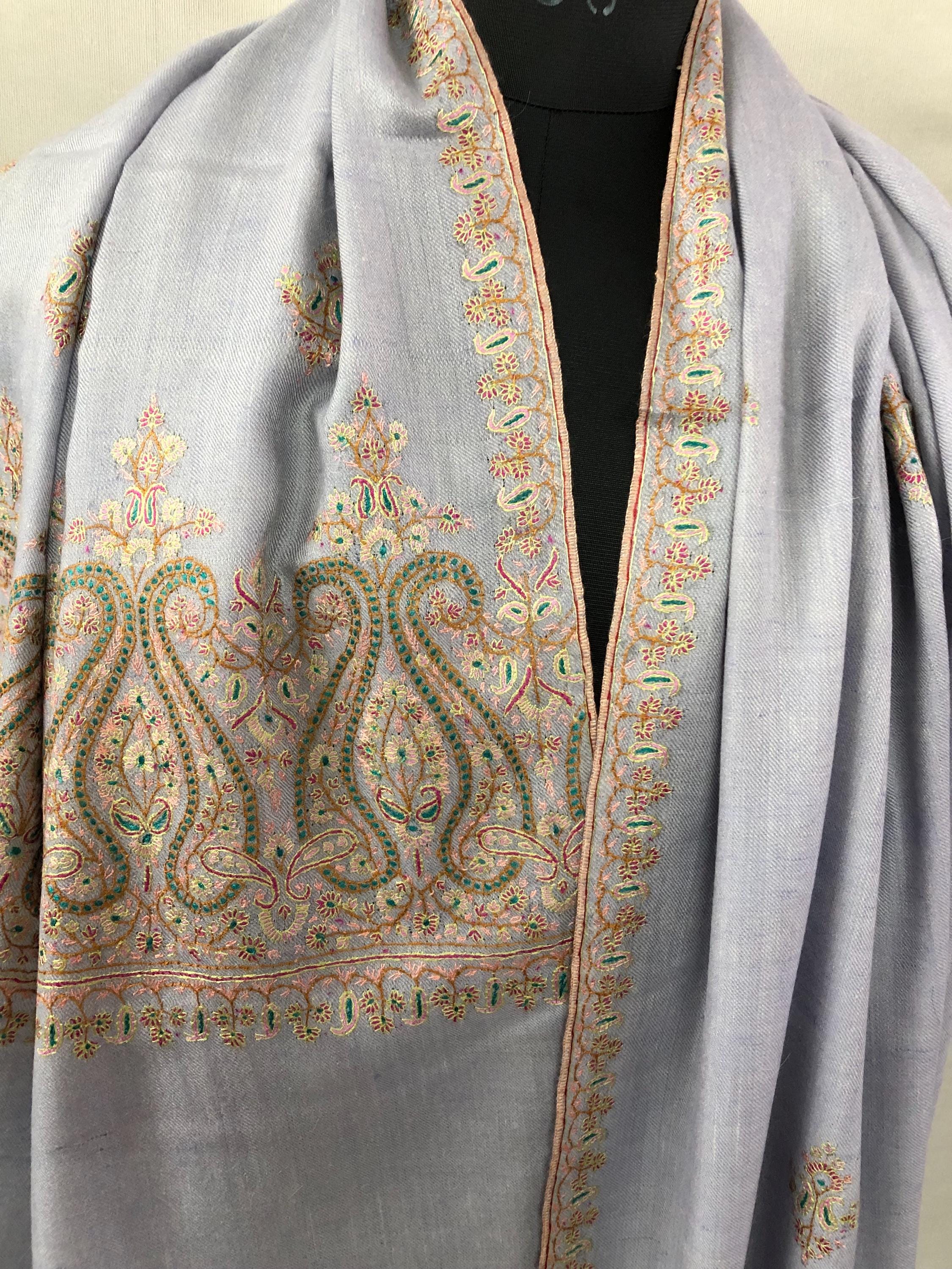 Halogen blue artisanal Sozni micro fine hand embroidered palla pure organic cashmere pashmina stole shawl - Mehraj Crafts 
