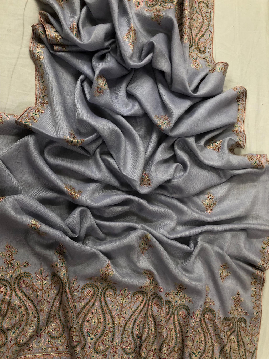 Halogen blue artisanal Sozni micro fine hand embroidered palla pure organic cashmere pashmina stole shawl - Mehraj Crafts 