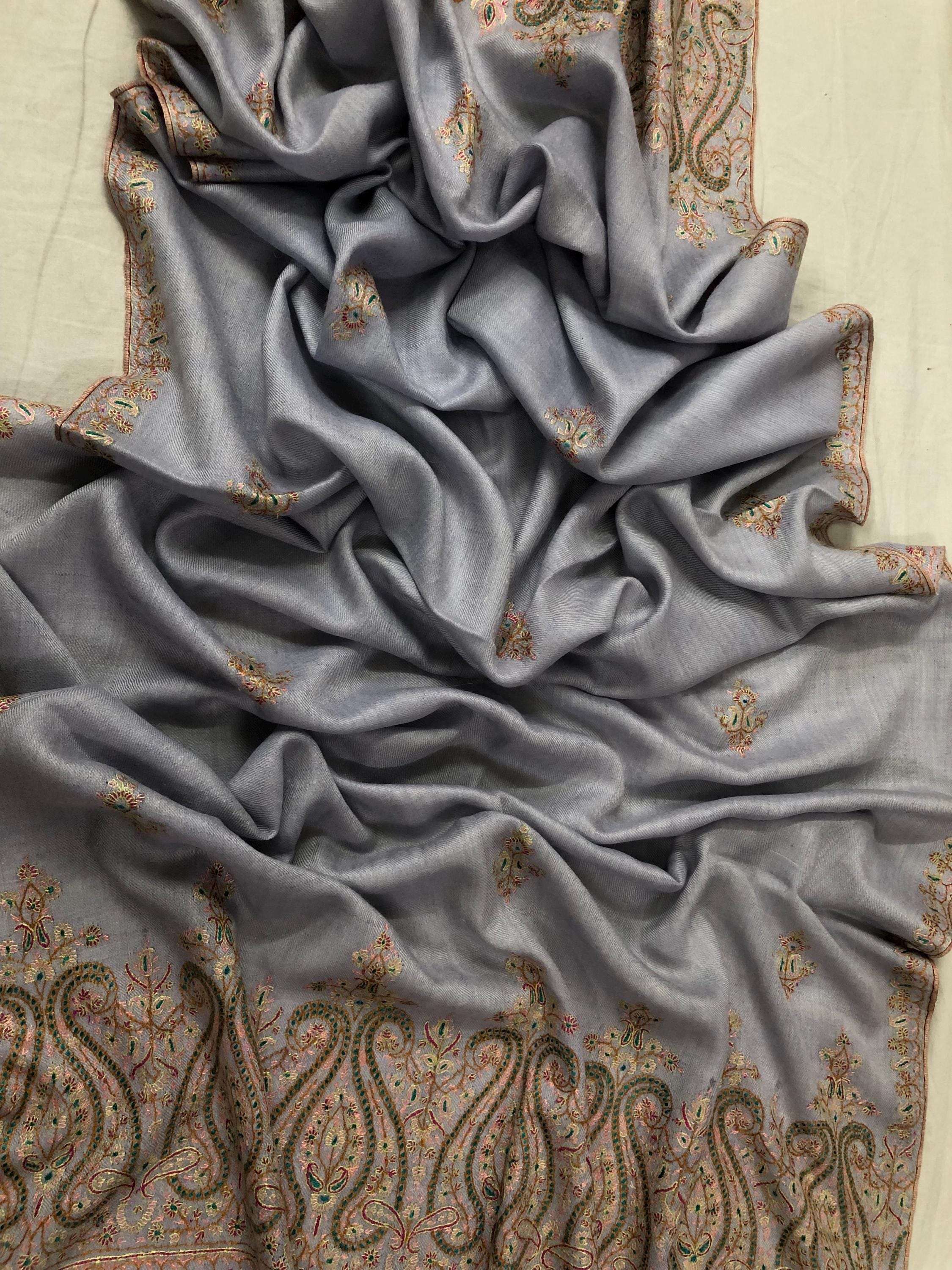 Halogen blue artisanal Sozni micro fine hand embroidered palla pure organic cashmere pashmina stole shawl - Mehraj Crafts 