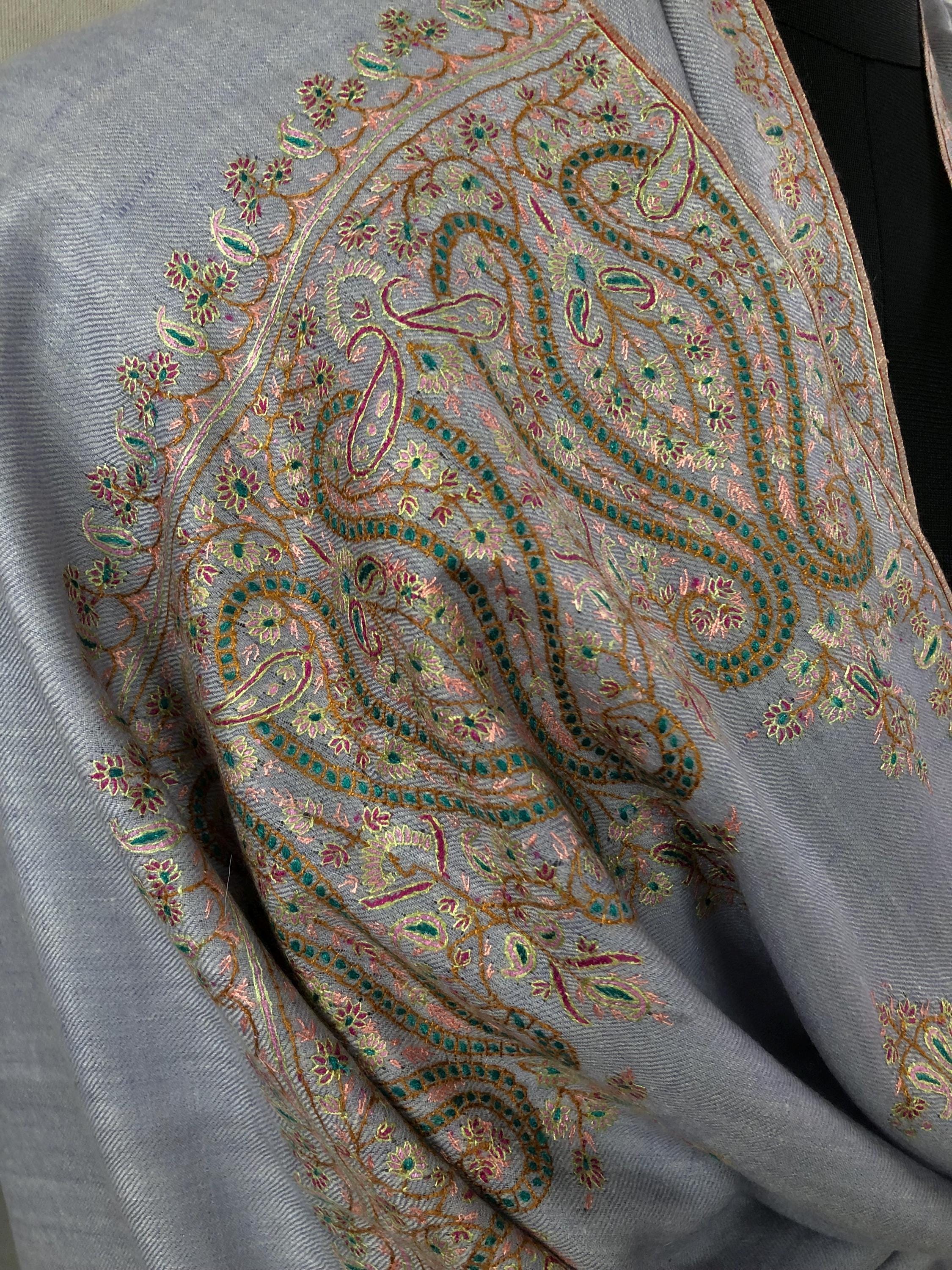 Halogen blue artisanal Sozni micro fine hand embroidered palla pure organic cashmere pashmina stole shawl - Mehraj Crafts 