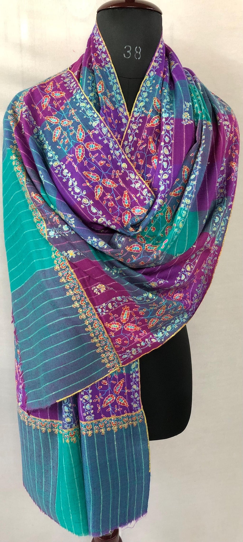 Handmade luxury purple and blue multicoloured modern design real pashmina stole with elegant super micro fine hand embroidery - Mehraj Crafts 
