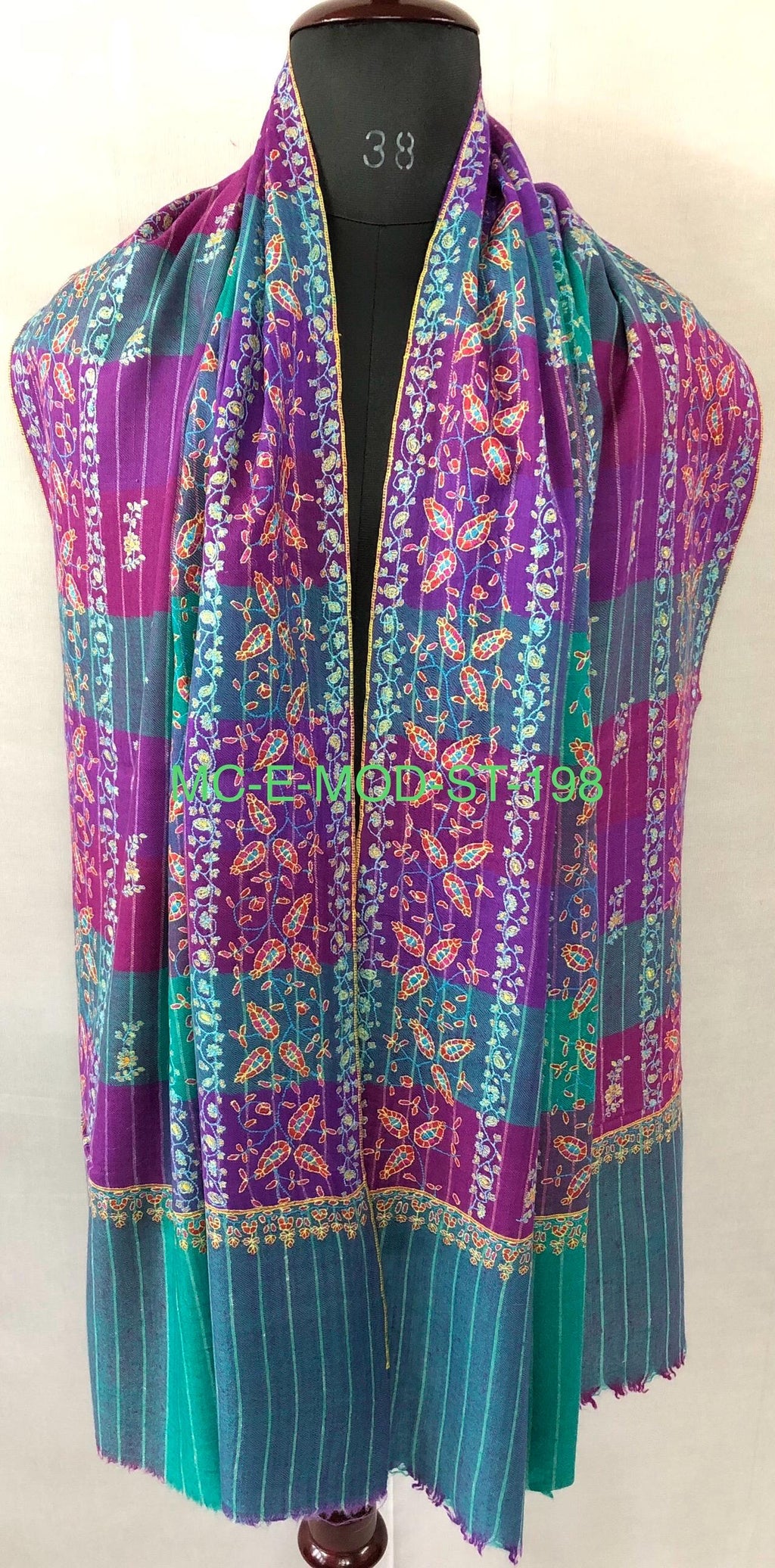 Handmade luxury purple and blue multicoloured modern design real pashmina stole with elegant super micro fine hand embroidery - Mehraj Crafts 