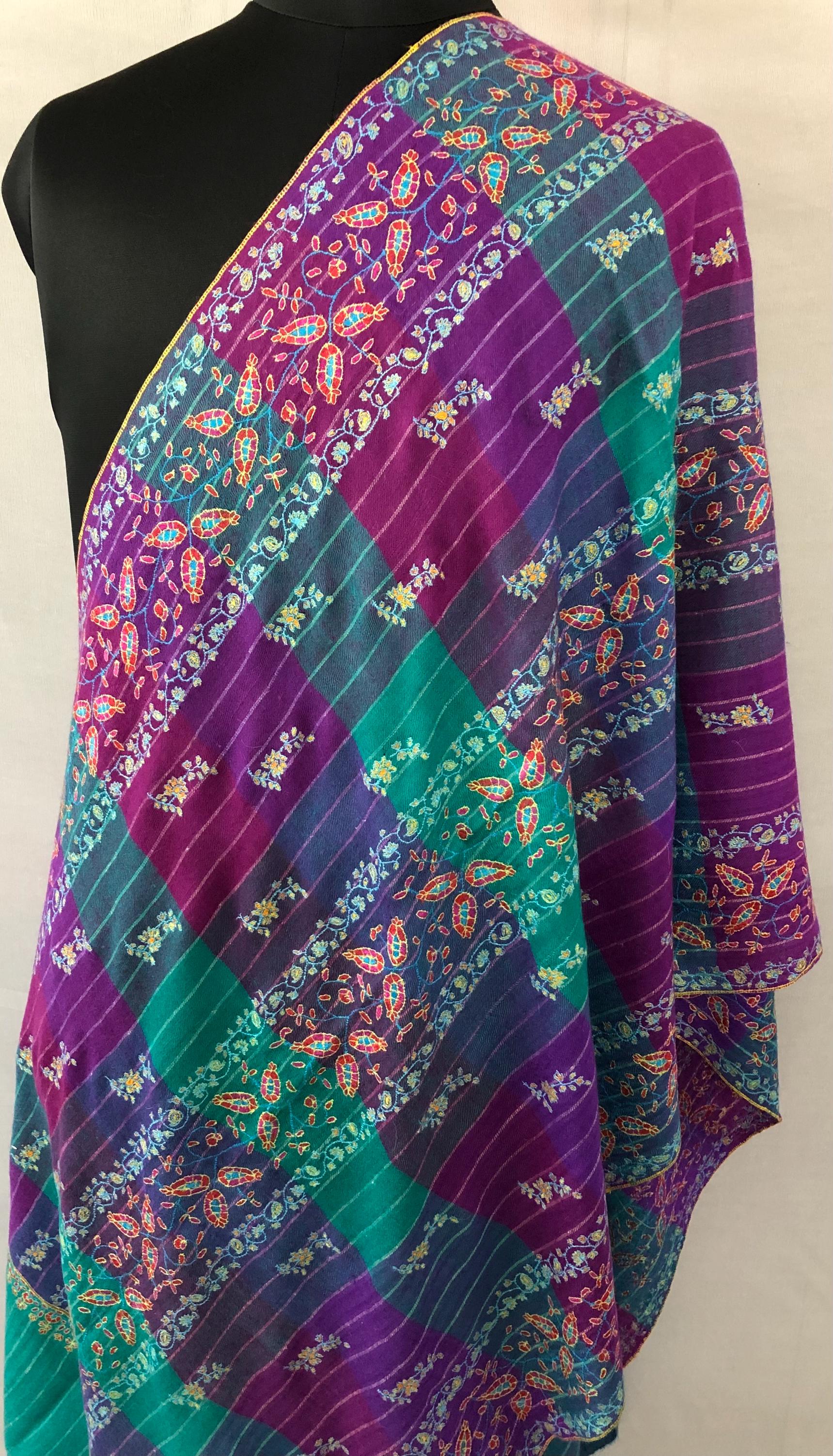 Handmade luxury purple and blue multicoloured modern design real pashmina stole with elegant super micro fine hand embroidery - Mehraj Crafts 