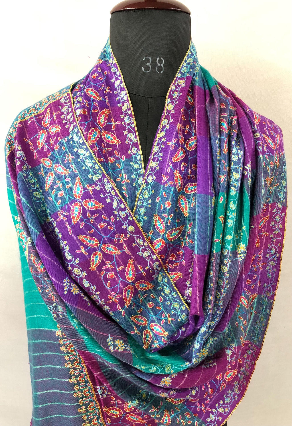 Handmade luxury purple and blue multicoloured modern design real pashmina stole with elegant super micro fine hand embroidery - Mehraj Crafts 