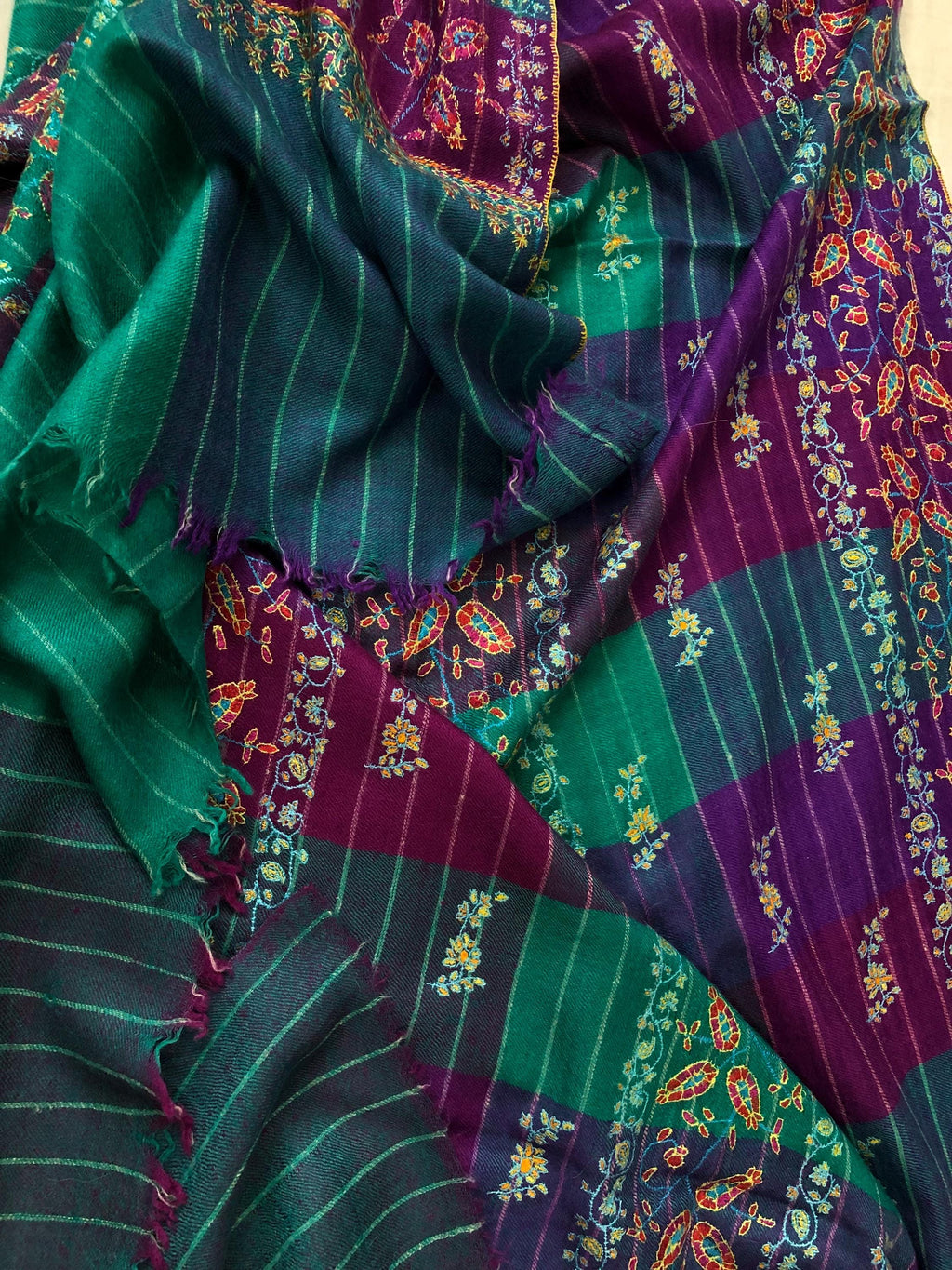 Handmade luxury purple and blue multicoloured modern design real pashmina stole with elegant super micro fine hand embroidery - Mehraj Crafts 