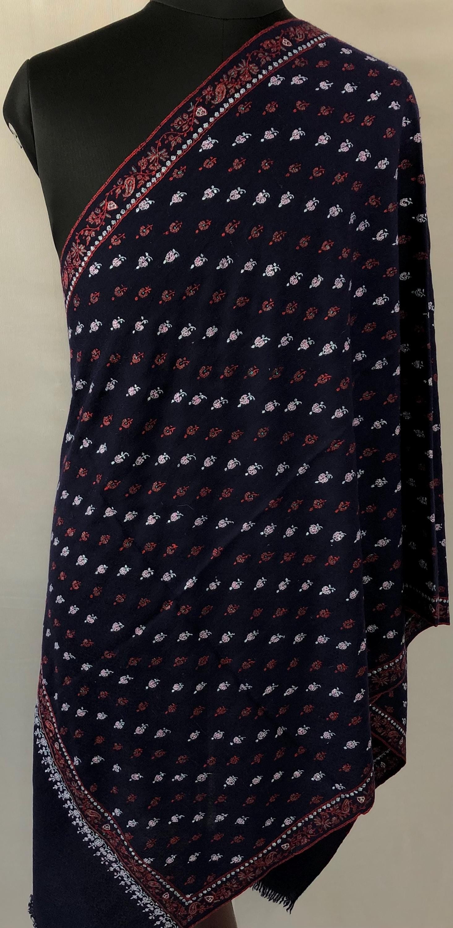 Elegant 1188 baby booties set handcrafted super micro fine embroidery on navy blue luxury real cashmere pashmina stole shawl - Mehraj Crafts 