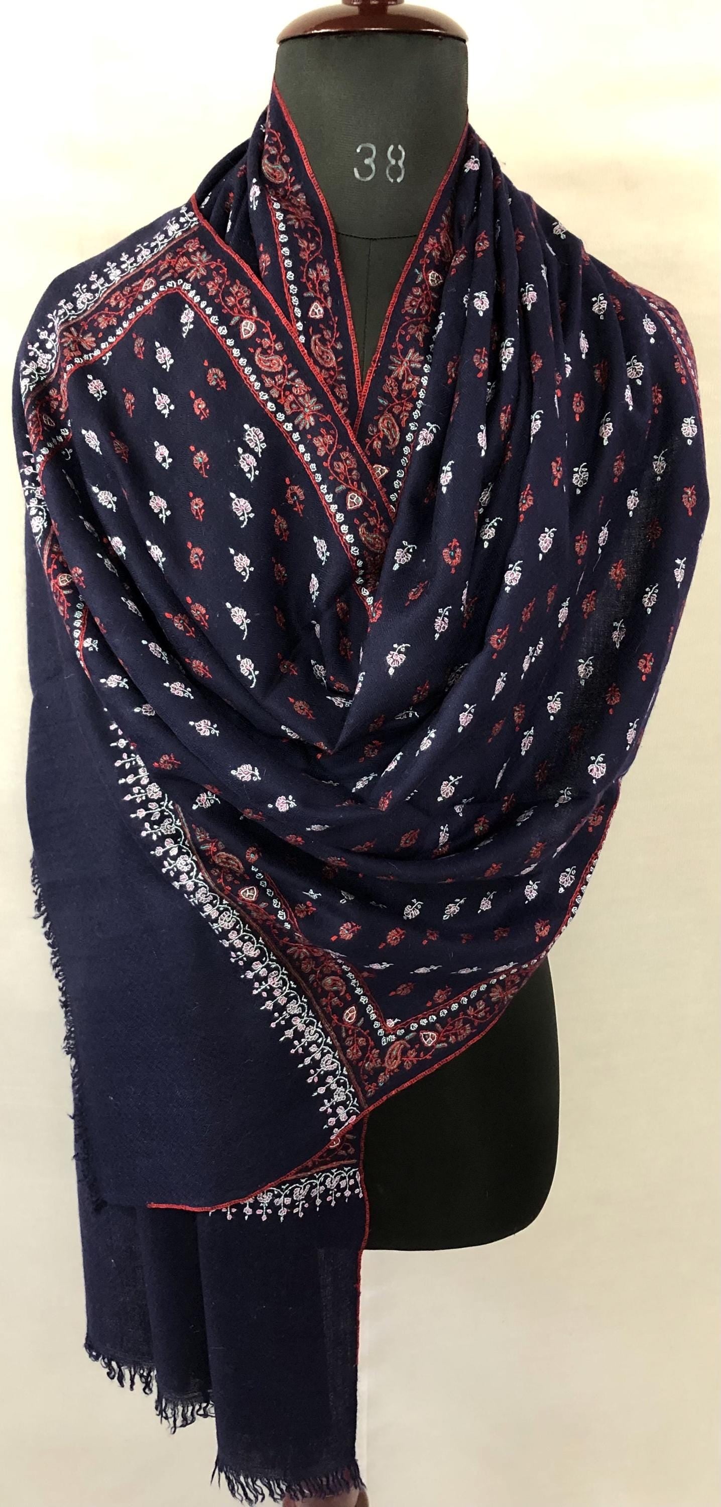 Elegant 1188 baby booties set handcrafted super micro fine embroidery on navy blue luxury real cashmere pashmina stole shawl - Mehraj Crafts 