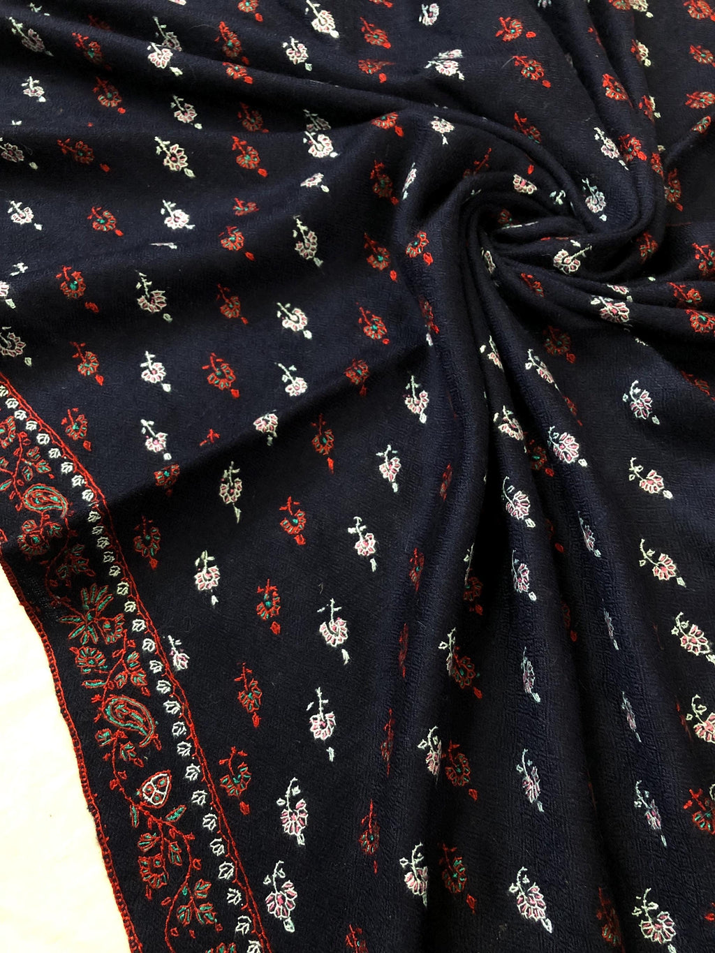 Elegant 1188 baby booties set handcrafted super micro fine embroidery on navy blue luxury real cashmere pashmina stole shawl - Mehraj Crafts 