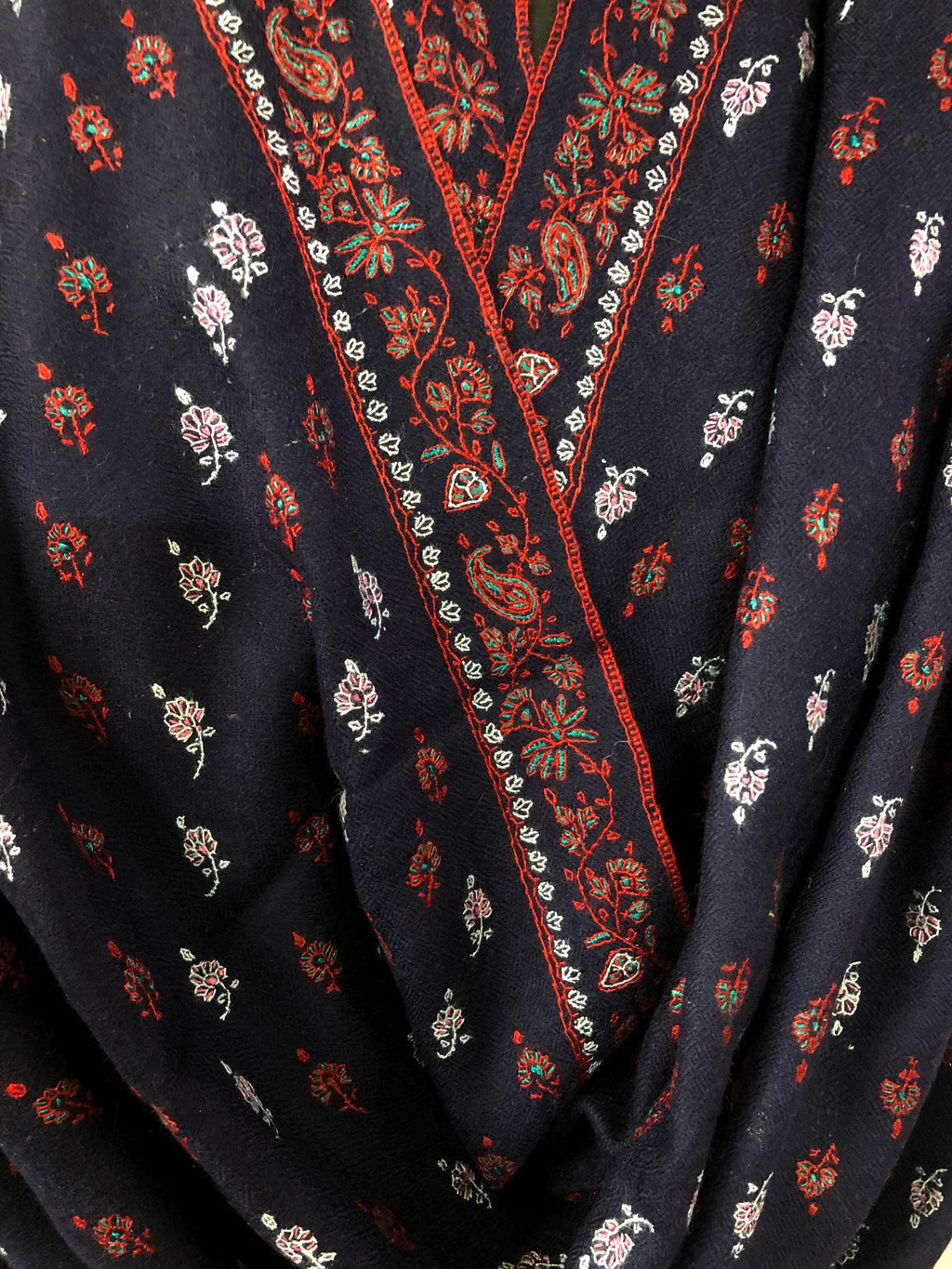 Elegant 1188 baby booties set handcrafted super micro fine embroidery on navy blue luxury real cashmere pashmina stole shawl - Mehraj Crafts 