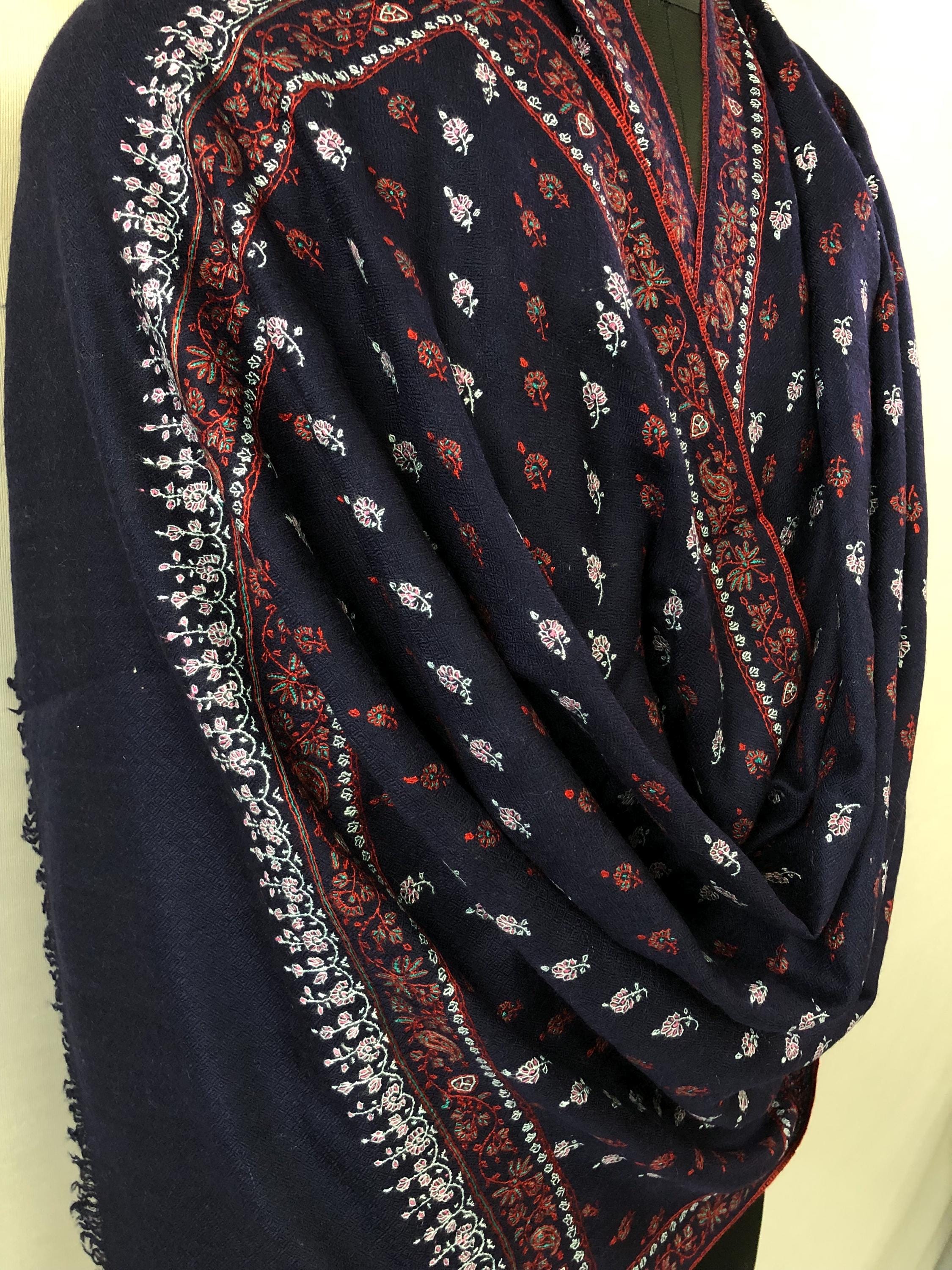 Elegant 1188 baby booties set handcrafted super micro fine embroidery on navy blue luxury real cashmere pashmina stole shawl - Mehraj Crafts 