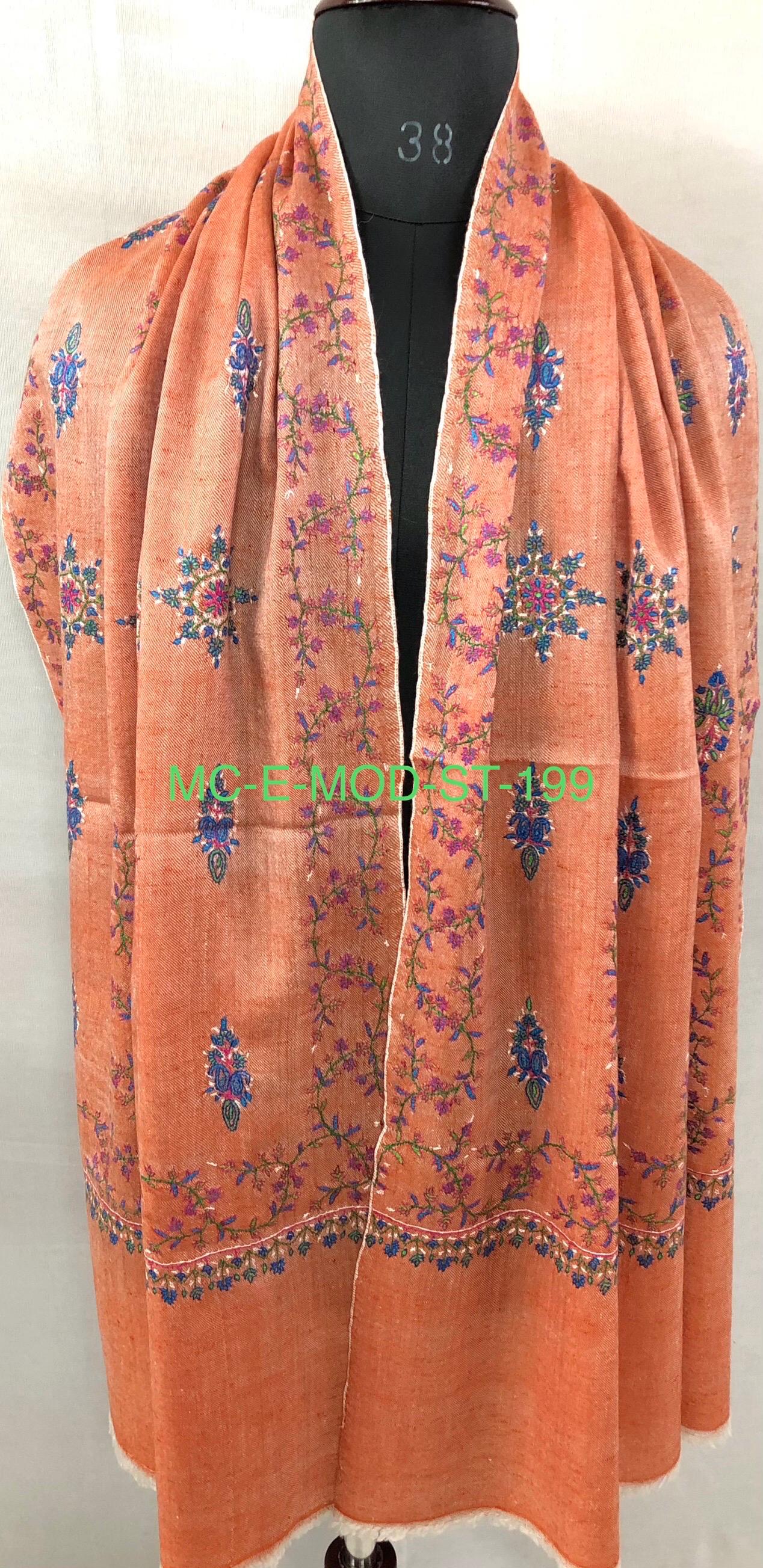 Handmade elegant dusty orange real cashmere pashmina stole with elegant modern hand embroidery - Mehraj Crafts 