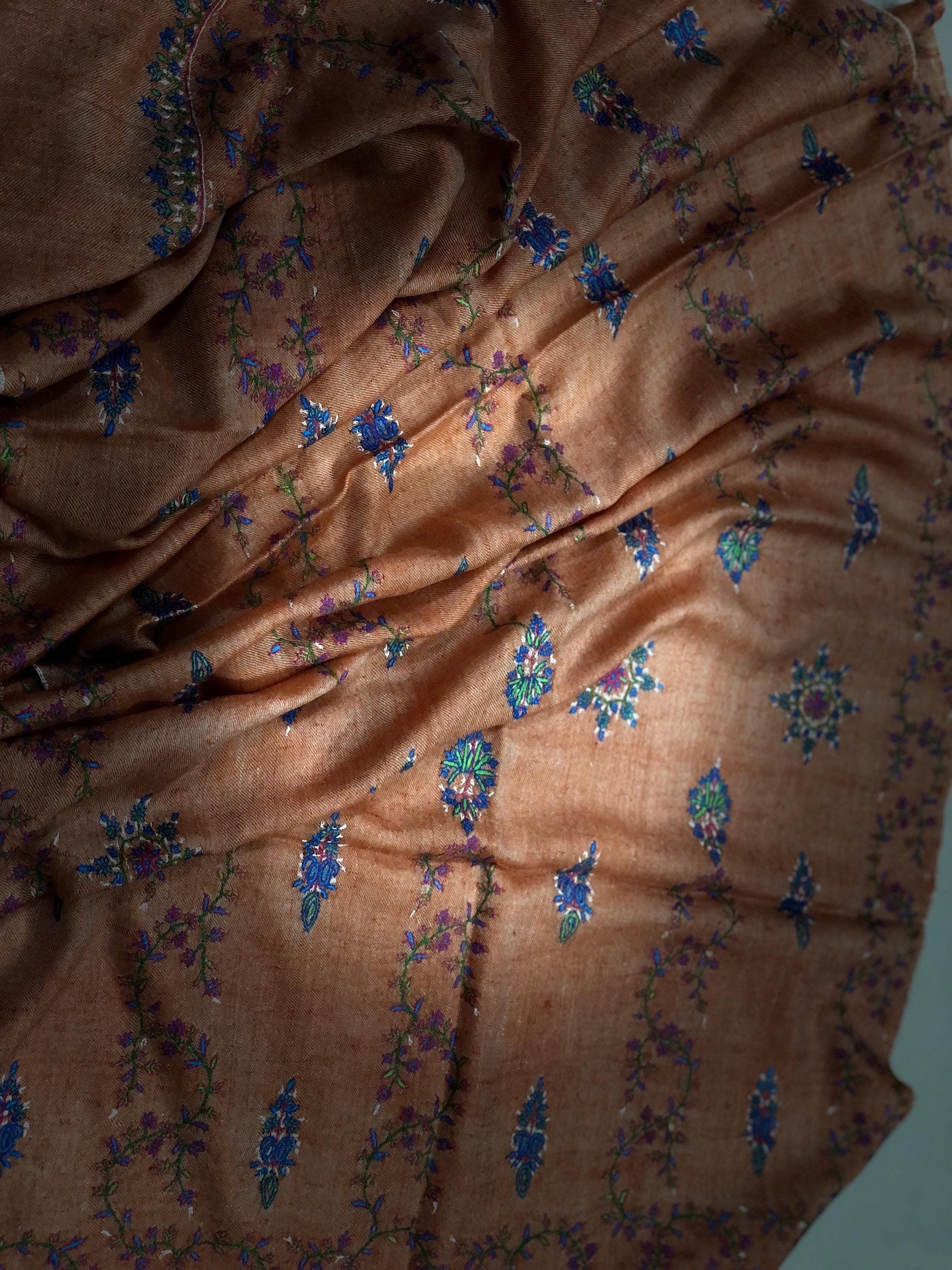 Handmade elegant dusty orange real cashmere pashmina stole with elegant modern hand embroidery - Mehraj Crafts 