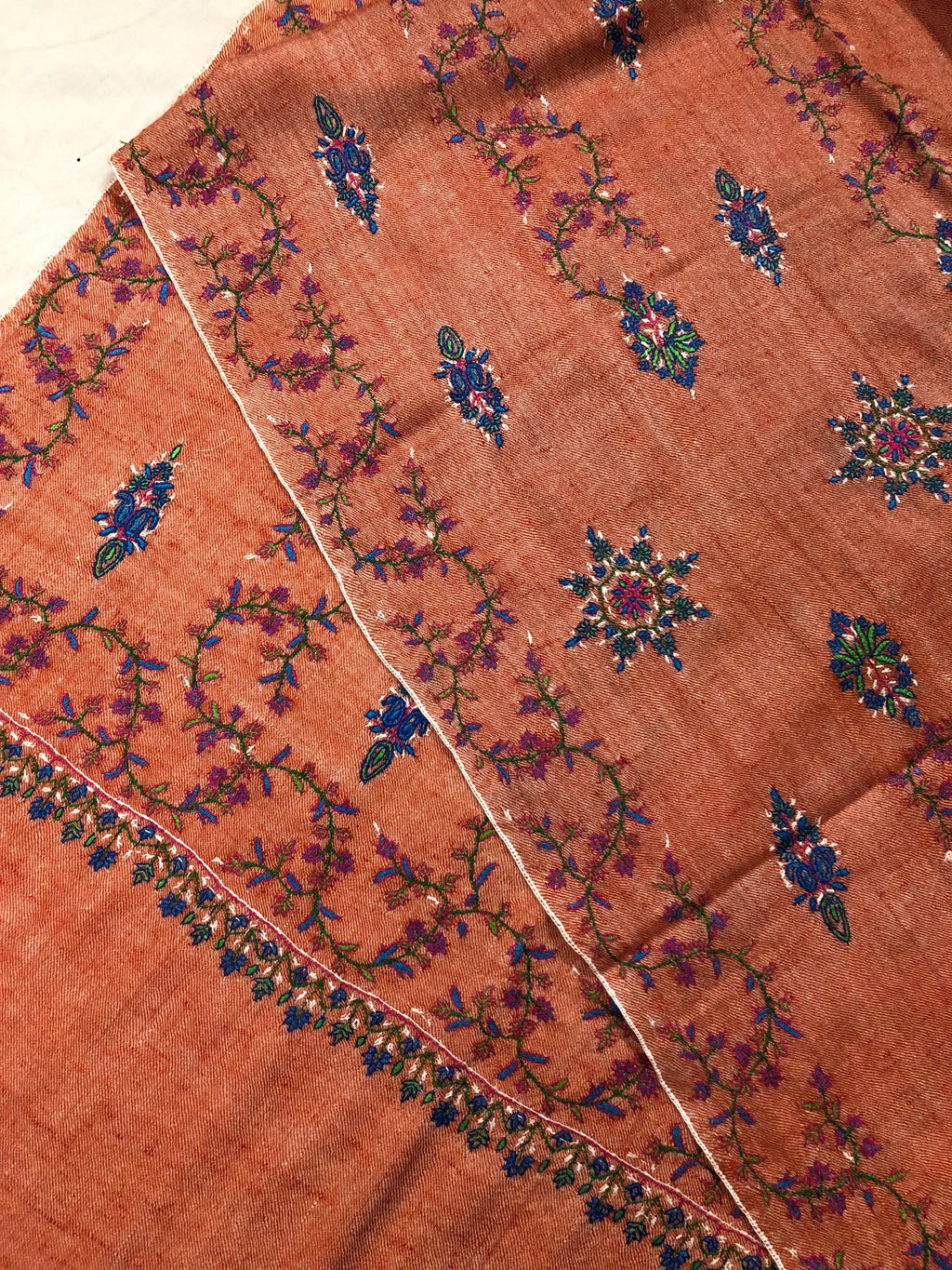 Handmade elegant dusty orange real cashmere pashmina stole with elegant modern hand embroidery - Mehraj Crafts 