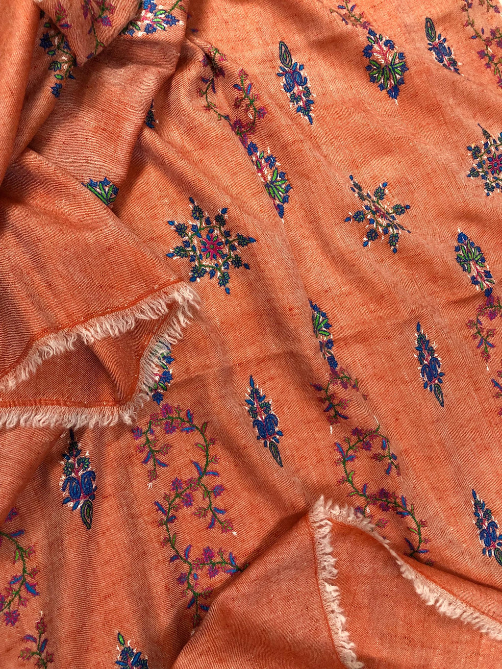 Handmade elegant dusty orange real cashmere pashmina stole with elegant modern hand embroidery - Mehraj Crafts 