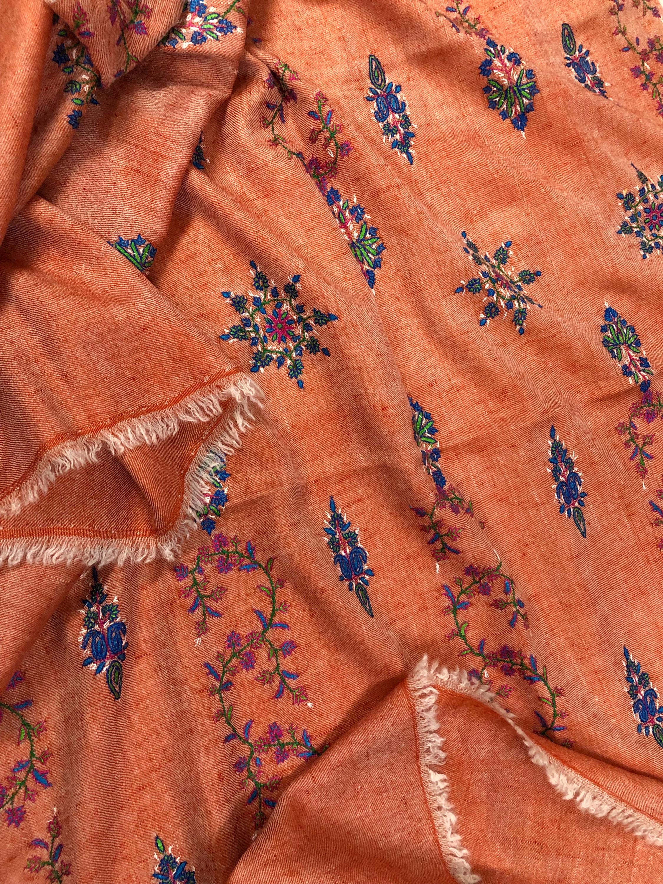 Handmade elegant dusty orange real cashmere pashmina stole with elegant modern hand embroidery - Mehraj Crafts 