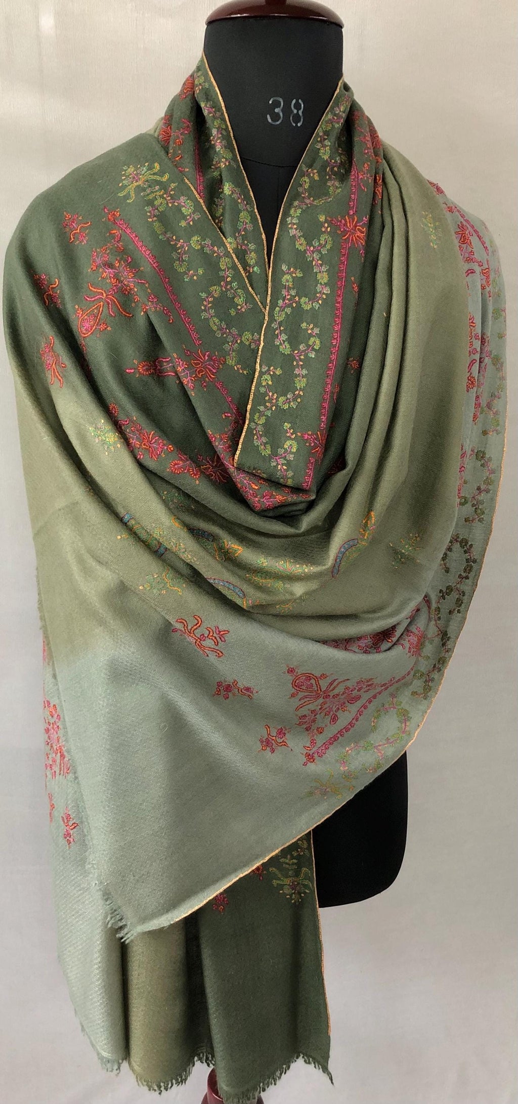 Ombré green handmade Real Cashmere Pashmina Stole with super micro fine Sozni modern design embroidery - Mehraj Crafts 