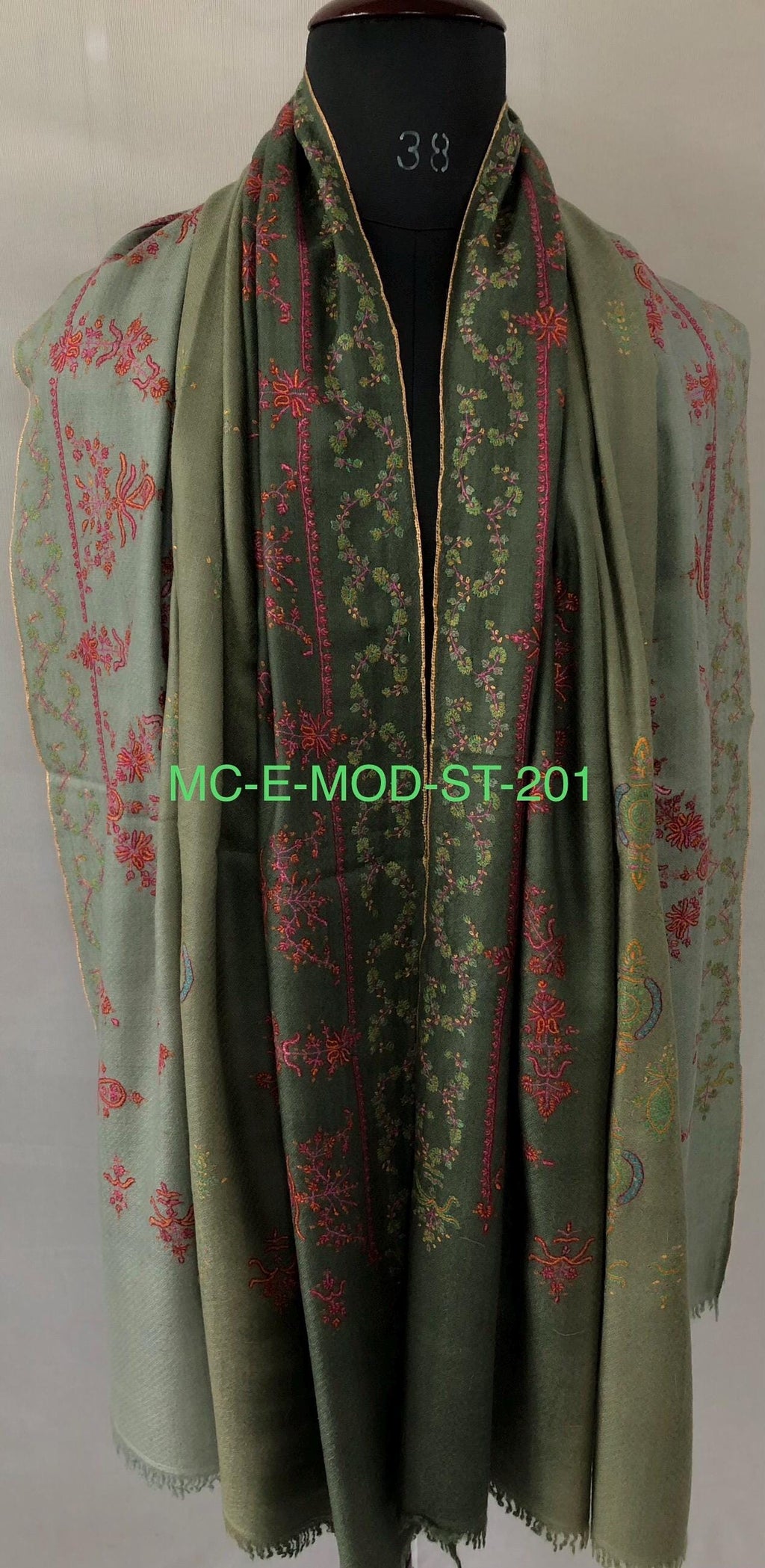 Ombré green handmade Real Cashmere Pashmina Stole with super micro fine Sozni modern design embroidery - Mehraj Crafts 