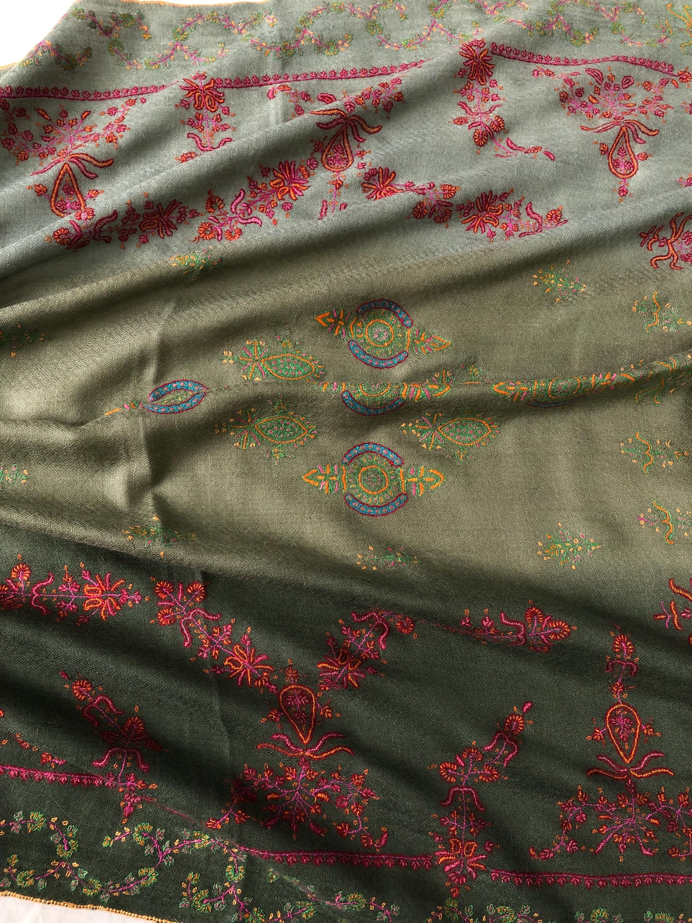 Ombré green handmade Real Cashmere Pashmina Stole with super micro fine Sozni modern design embroidery - Mehraj Crafts 