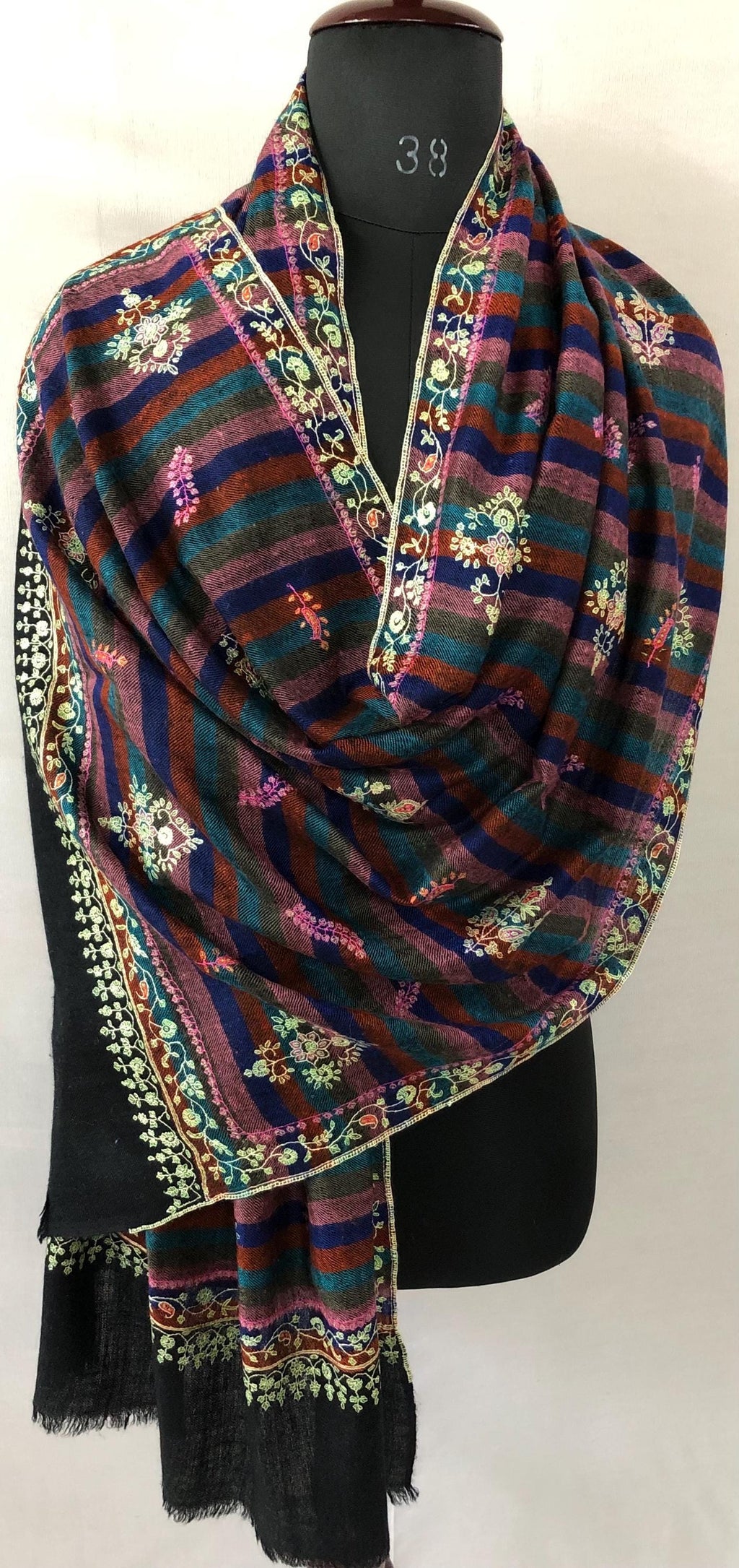 Exquisite Black Multicoloured Stripes Pure Pashmina Handcrafted Modern Design Embroidered Real Cashmere Pashmina Stole - Mehraj Crafts 