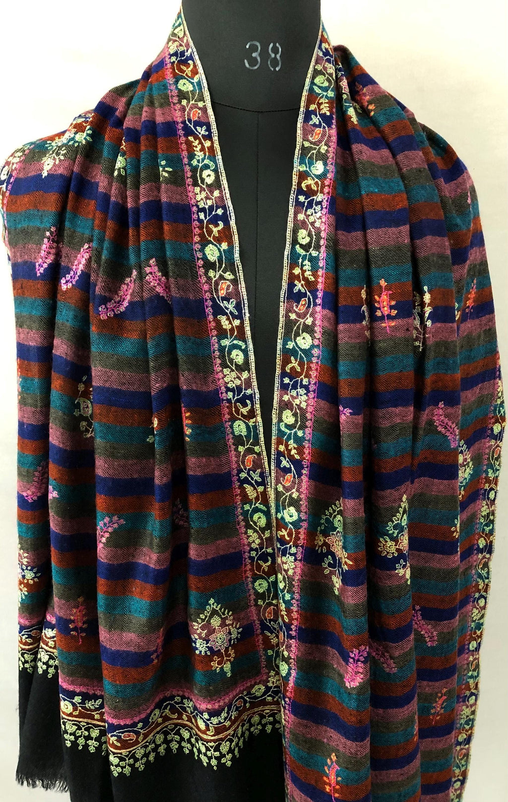 Exquisite Black Multicoloured Stripes Pure Pashmina Handcrafted Modern Design Embroidered Real Cashmere Pashmina Stole - Mehraj Crafts 