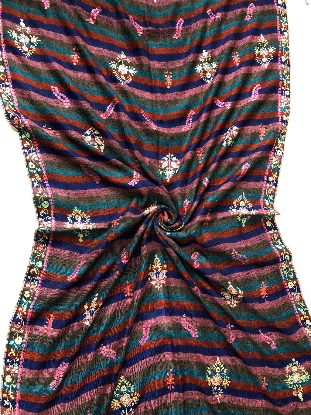 Exquisite Black Multicoloured Stripes Pure Pashmina Handcrafted Modern Design Embroidered Real Cashmere Pashmina Stole - Mehraj Crafts 