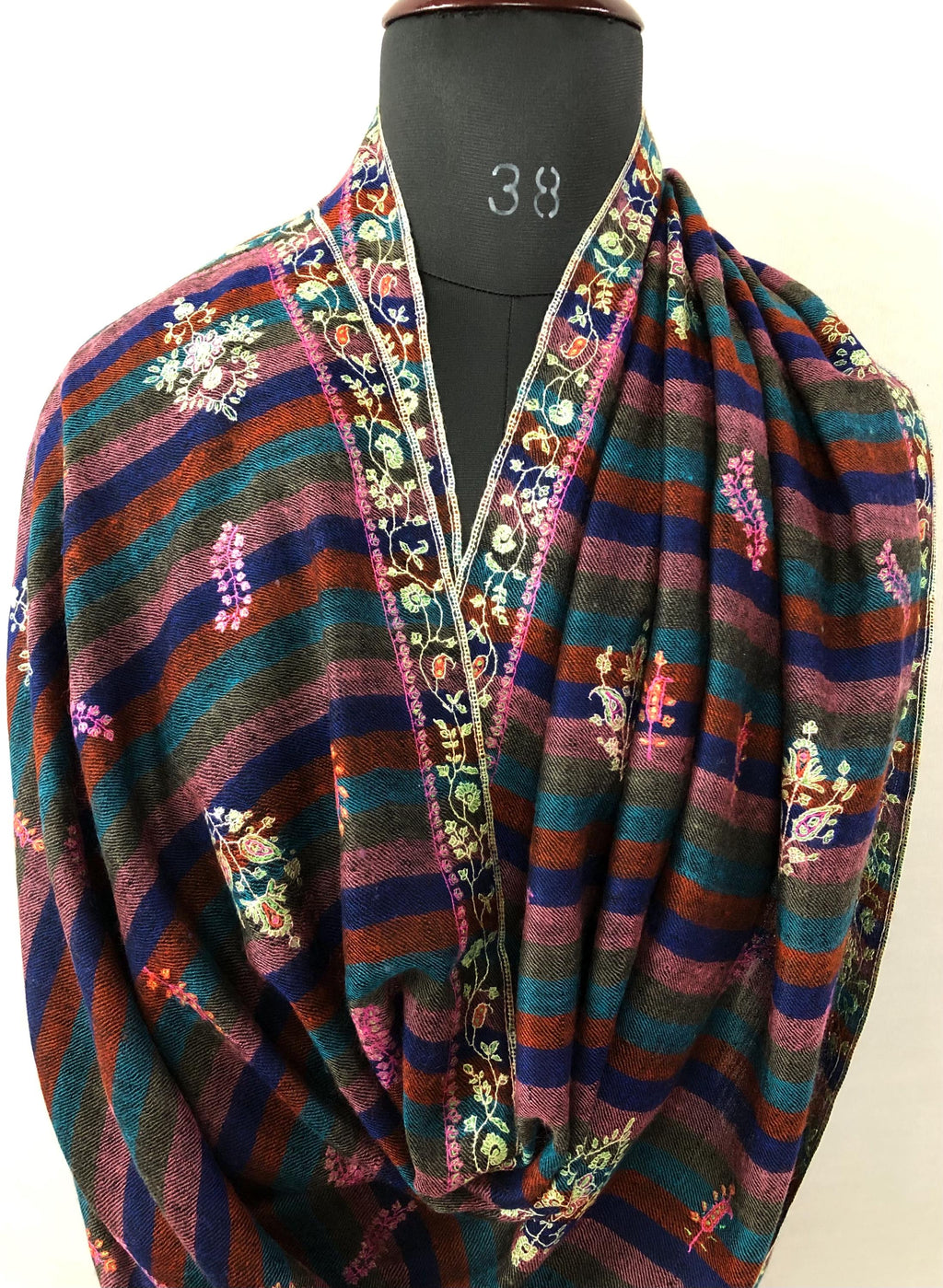 Exquisite Black Multicoloured Stripes Pure Pashmina Handcrafted Modern Design Embroidered Real Cashmere Pashmina Stole - Mehraj Crafts 