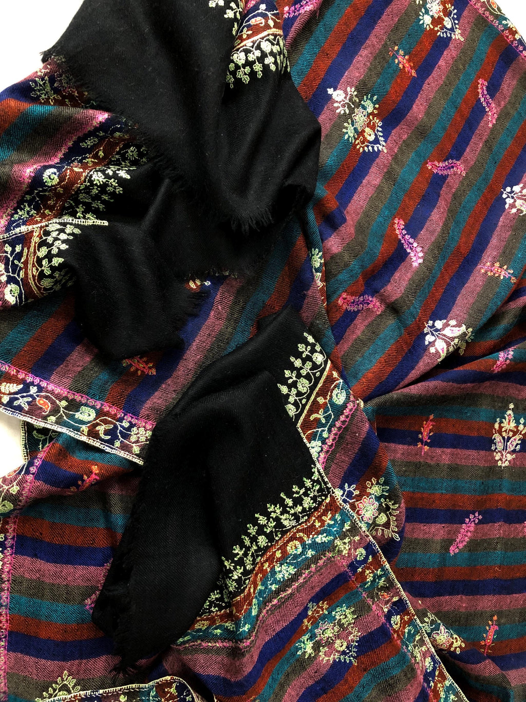 Exquisite Black Multicoloured Stripes Pure Pashmina Handcrafted Modern Design Embroidered Real Cashmere Pashmina Stole - Mehraj Crafts 