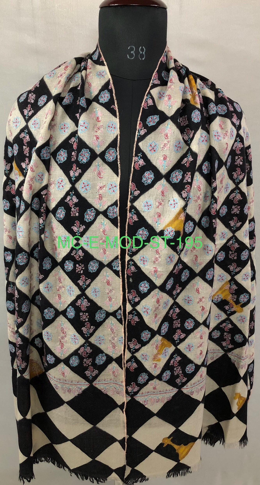 Black And White Hand Painted Chess Pattern With Elegant Floral Embroidery Handmade Real Cashmere Pashmina Stole - Mehraj Crafts 