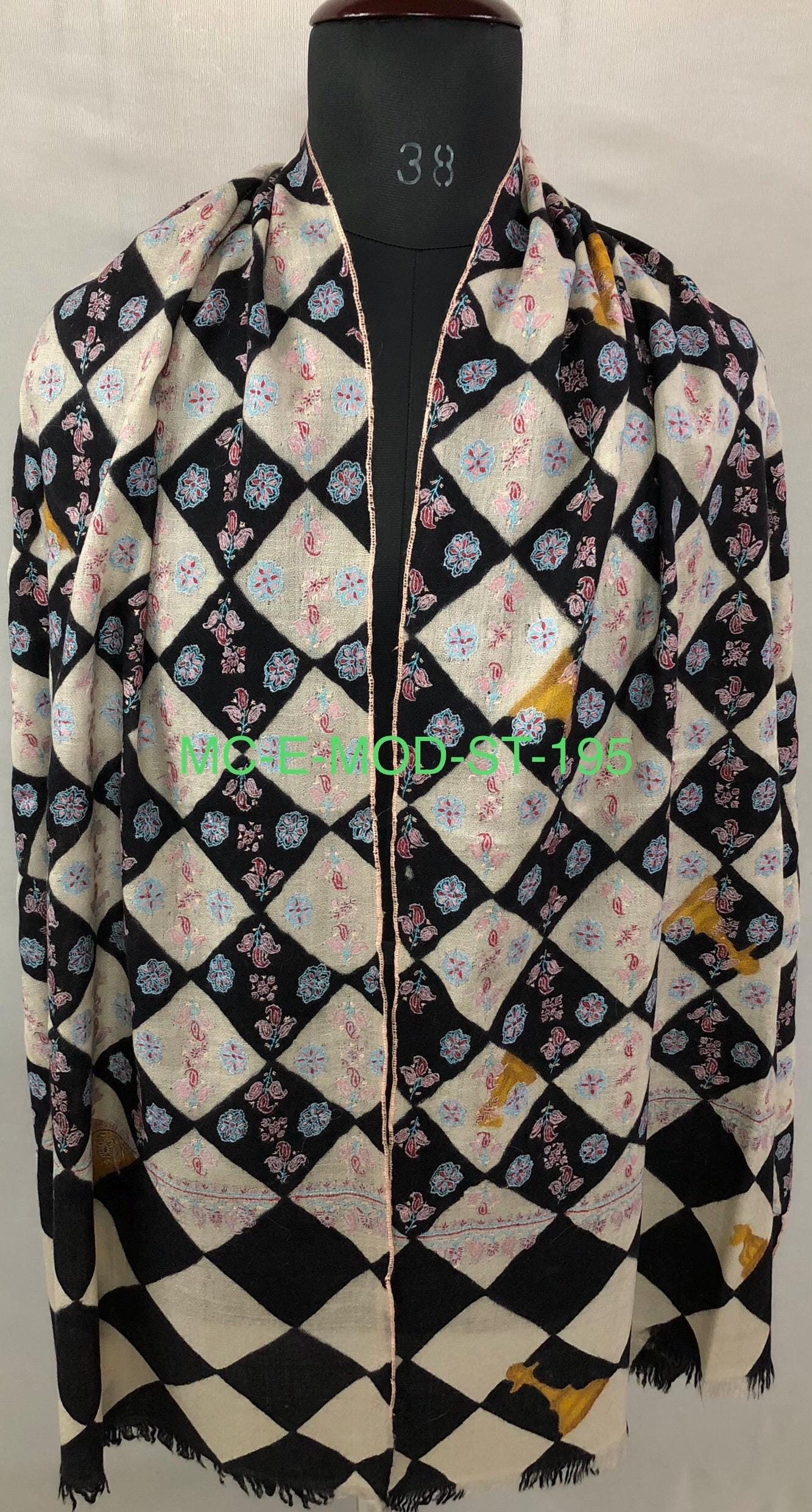 Black And White Hand Painted Chess Pattern With Elegant Floral Embroidery Handmade Real Cashmere Pashmina Stole - Mehraj Crafts 