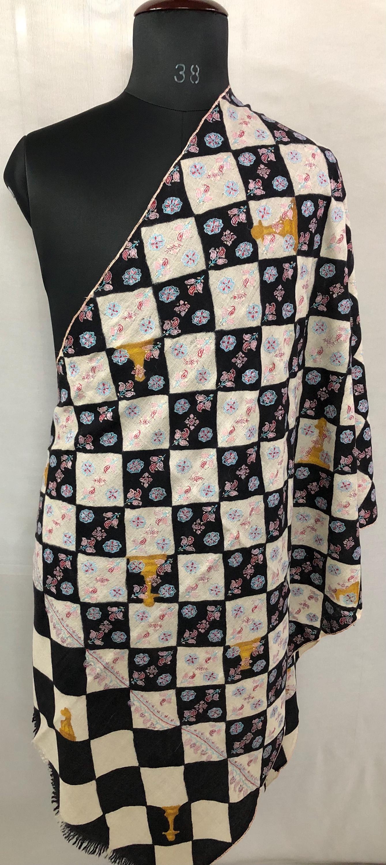 Black And White Hand Painted Chess Pattern With Elegant Floral Embroidery Handmade Real Cashmere Pashmina Stole - Mehraj Crafts 