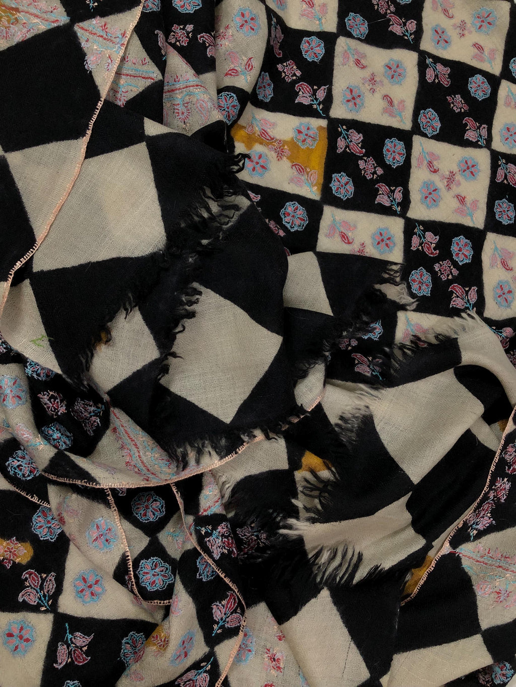 Black And White Hand Painted Chess Pattern With Elegant Floral Embroidery Handmade Real Cashmere Pashmina Stole - Mehraj Crafts 