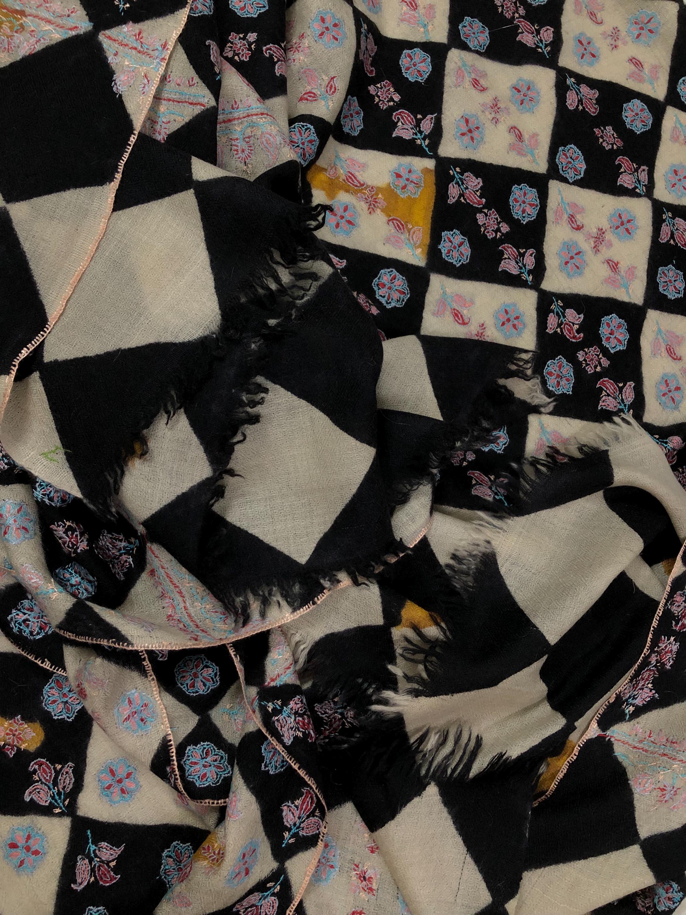 Black And White Hand Painted Chess Pattern With Elegant Floral Embroidery Handmade Real Cashmere Pashmina Stole - Mehraj Crafts 