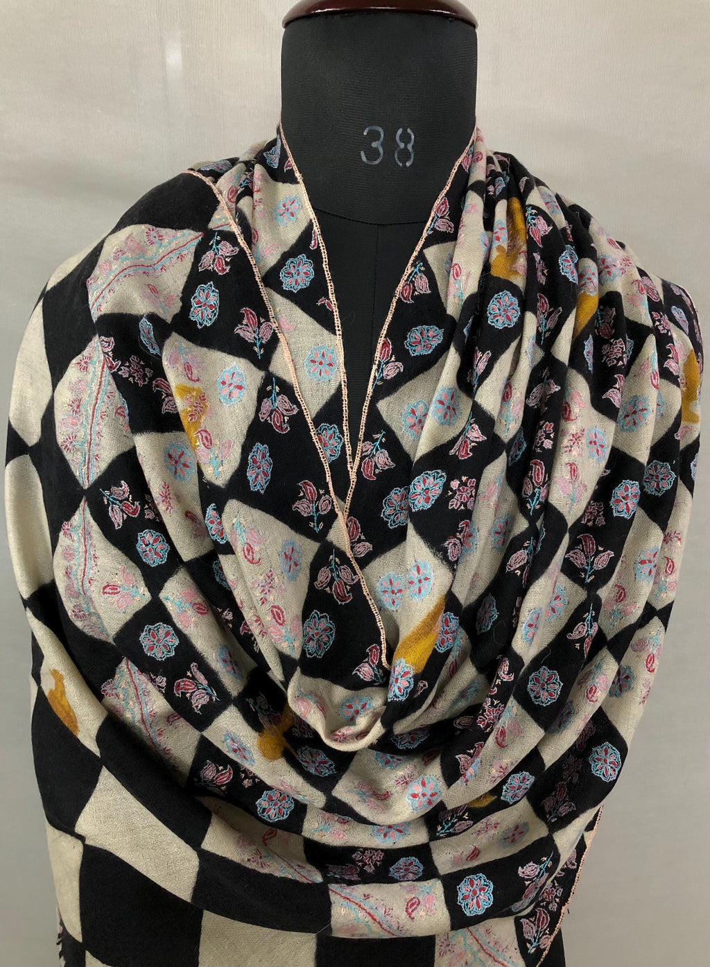 Black And White Hand Painted Chess Pattern With Elegant Floral Embroidery Handmade Real Cashmere Pashmina Stole - Mehraj Crafts 
