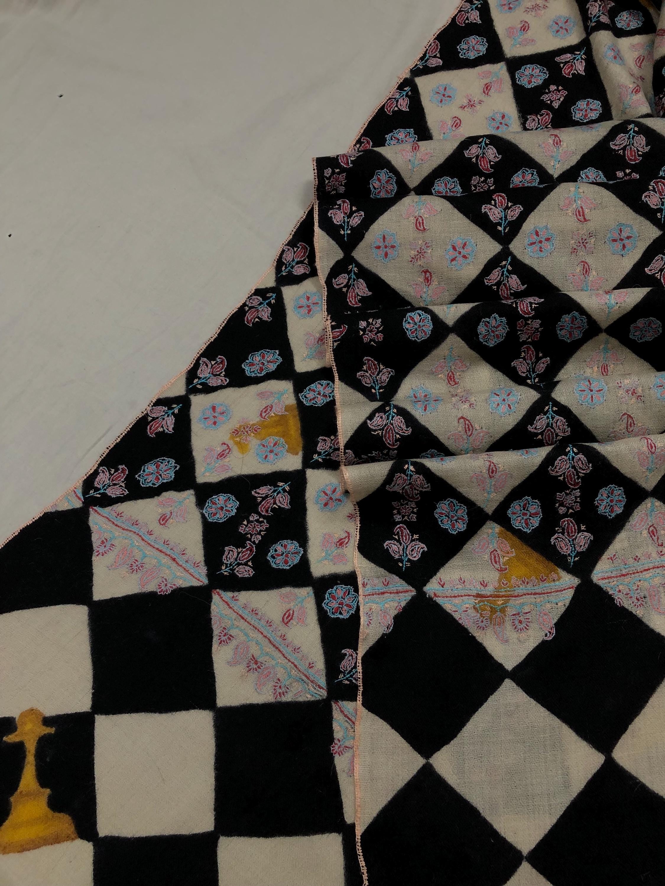 Black And White Hand Painted Chess Pattern With Elegant Floral Embroidery Handmade Real Cashmere Pashmina Stole - Mehraj Crafts 